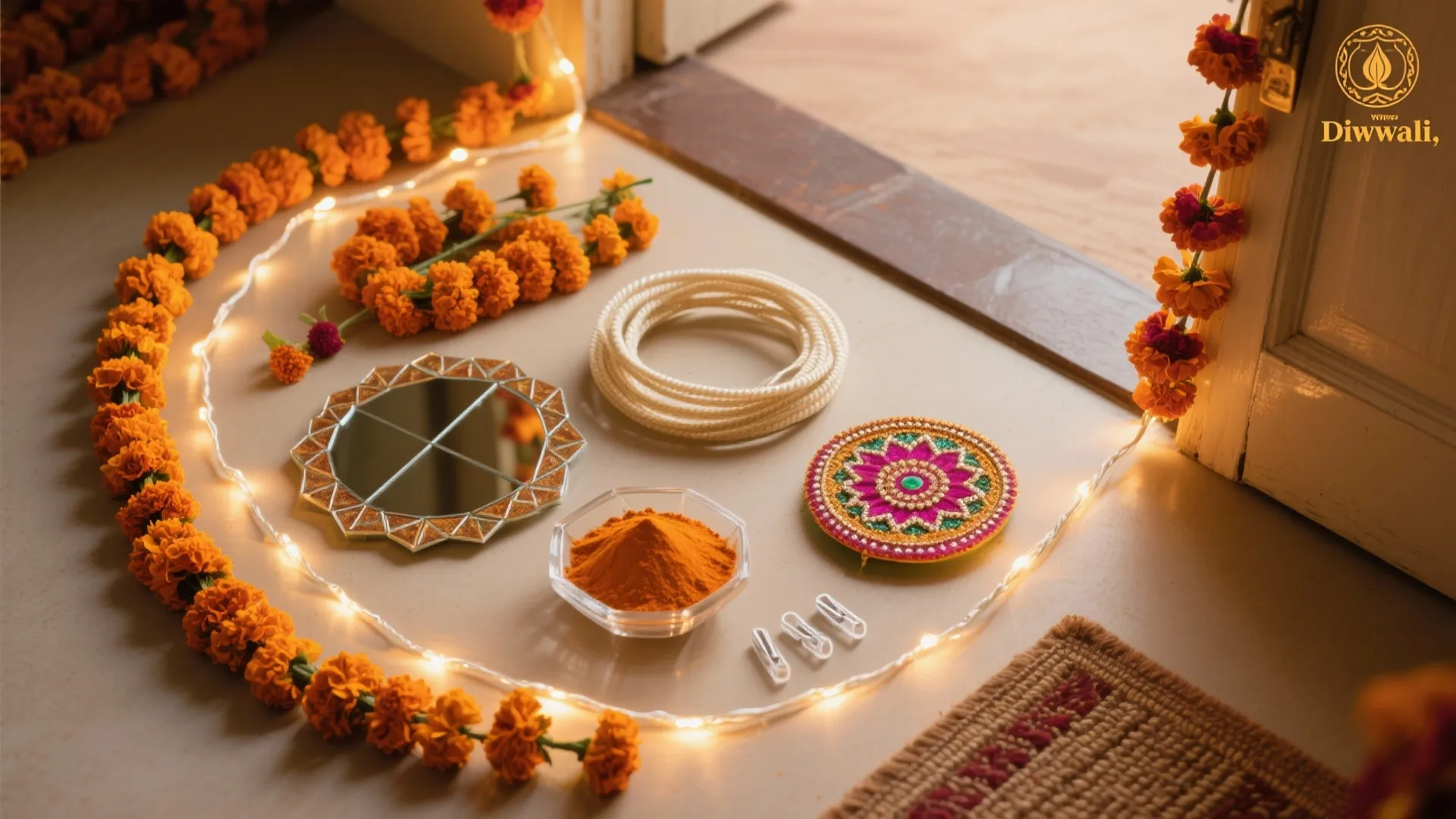 Doorway Focus: Toran Lights, Marigold, and Reflections