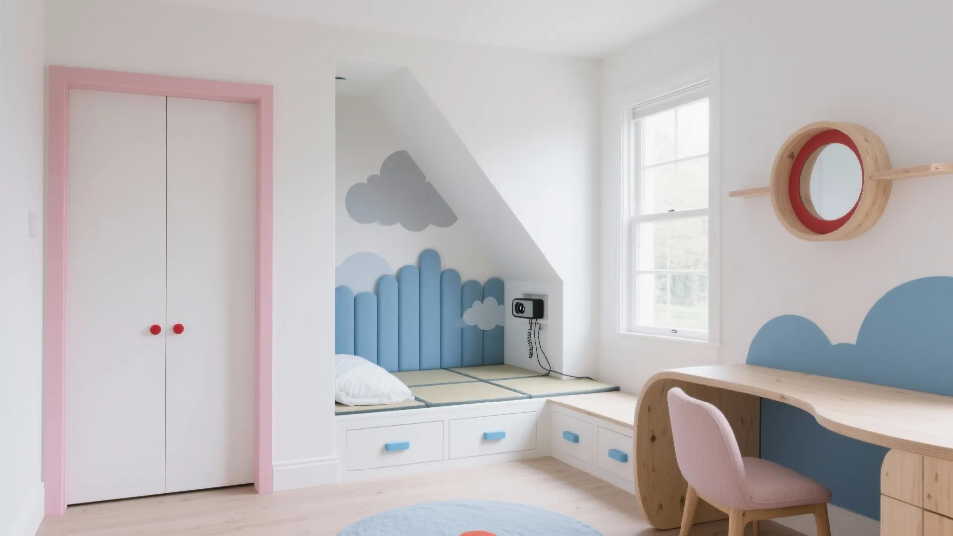 Modern kids room with cloud wall decor white built-in bed wood desk and pink chair