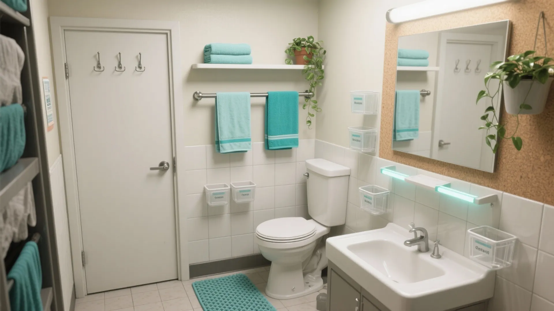 Clean white bathroom with toilet sink mirror teal towels wall hooks and small green potted plants