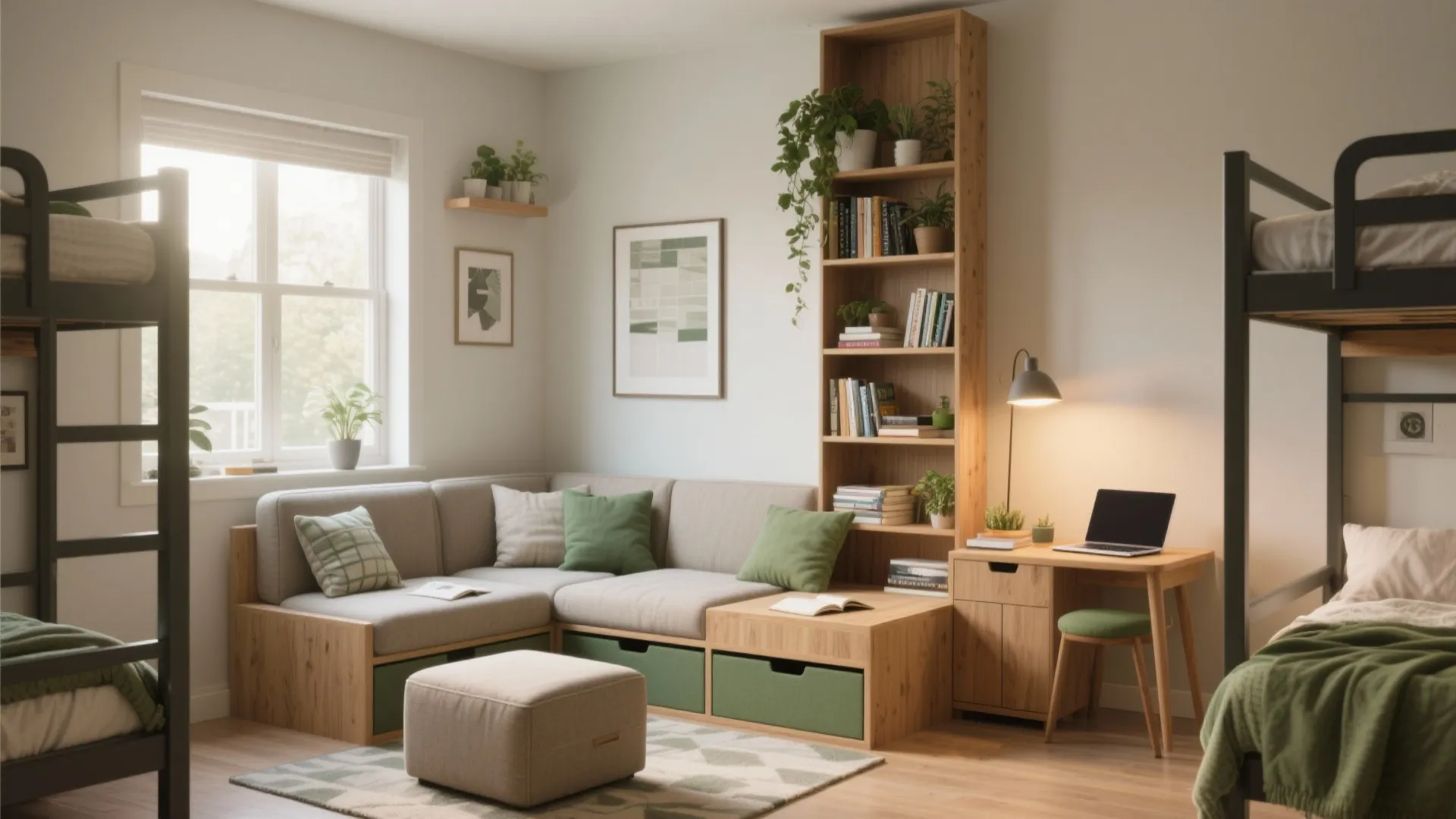 Dorm room interior design drawing with bunk beds corner sofa wooden bookshelf desk and natural light