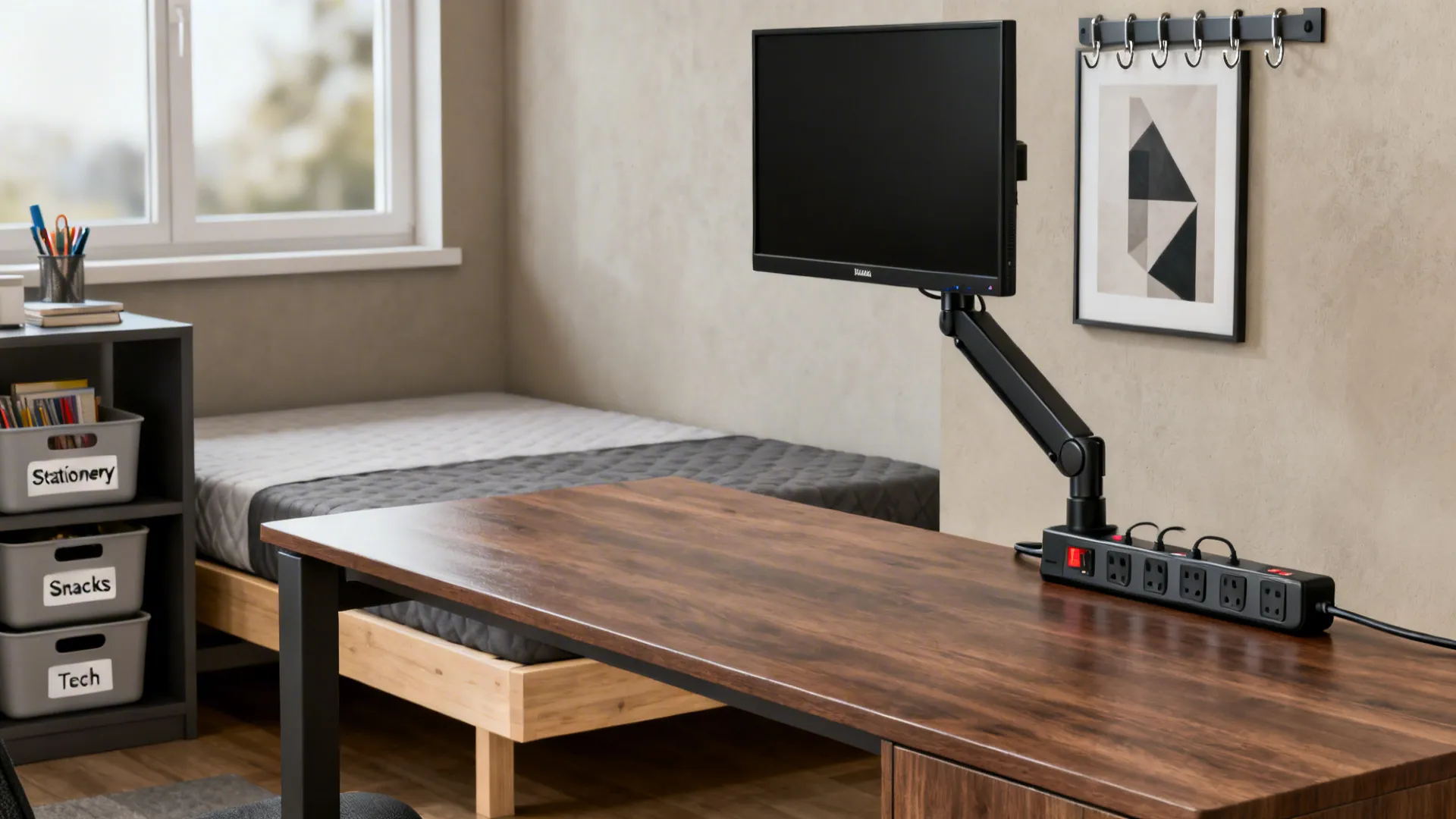 Dorm essentials: sturdy desk, platform bed, power strip, mounted monitor and adhesive hooks.