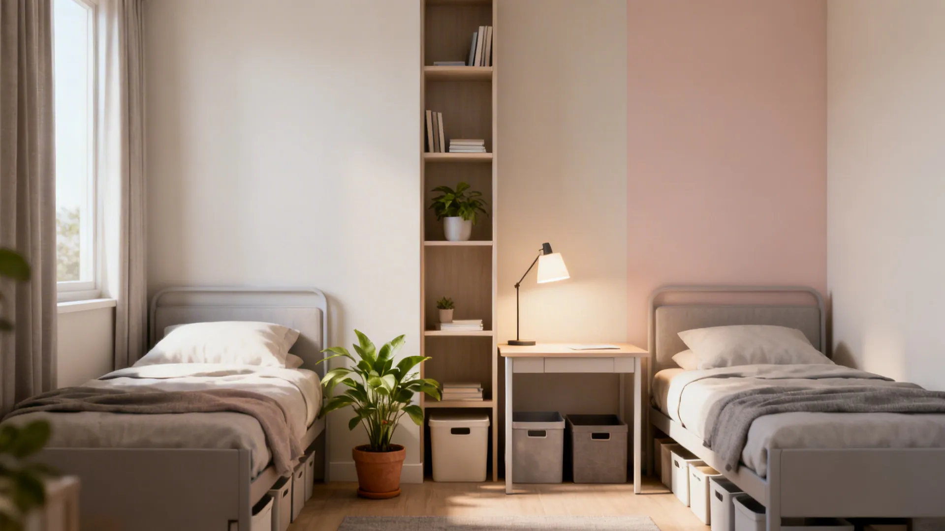 Dorm corner showing neutral walls, vertical shelving, layered lighting, and a small plant for FAQ tips.
