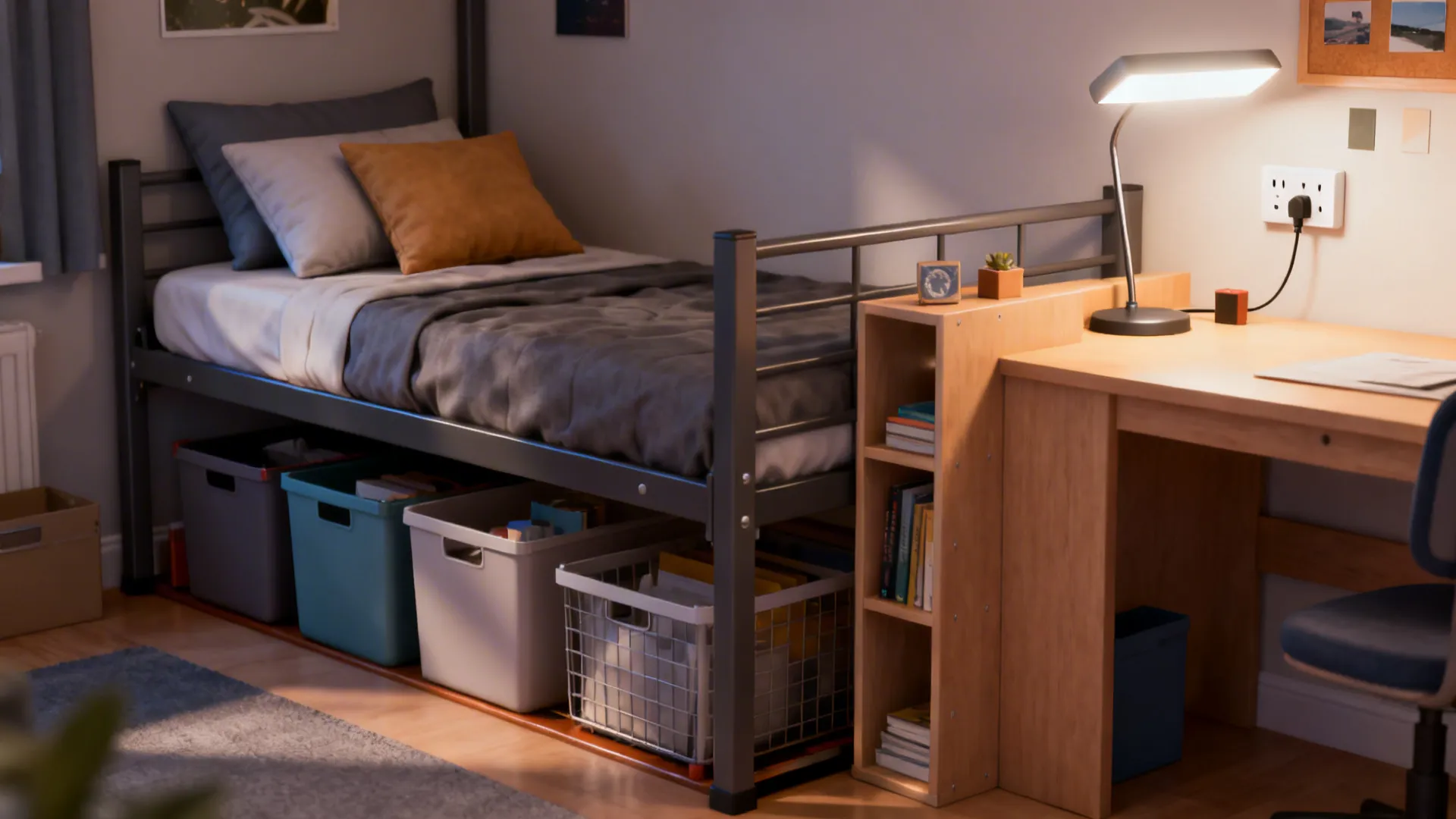 Single bed with grey bedding and storage bins underneath next to a wooden study desk