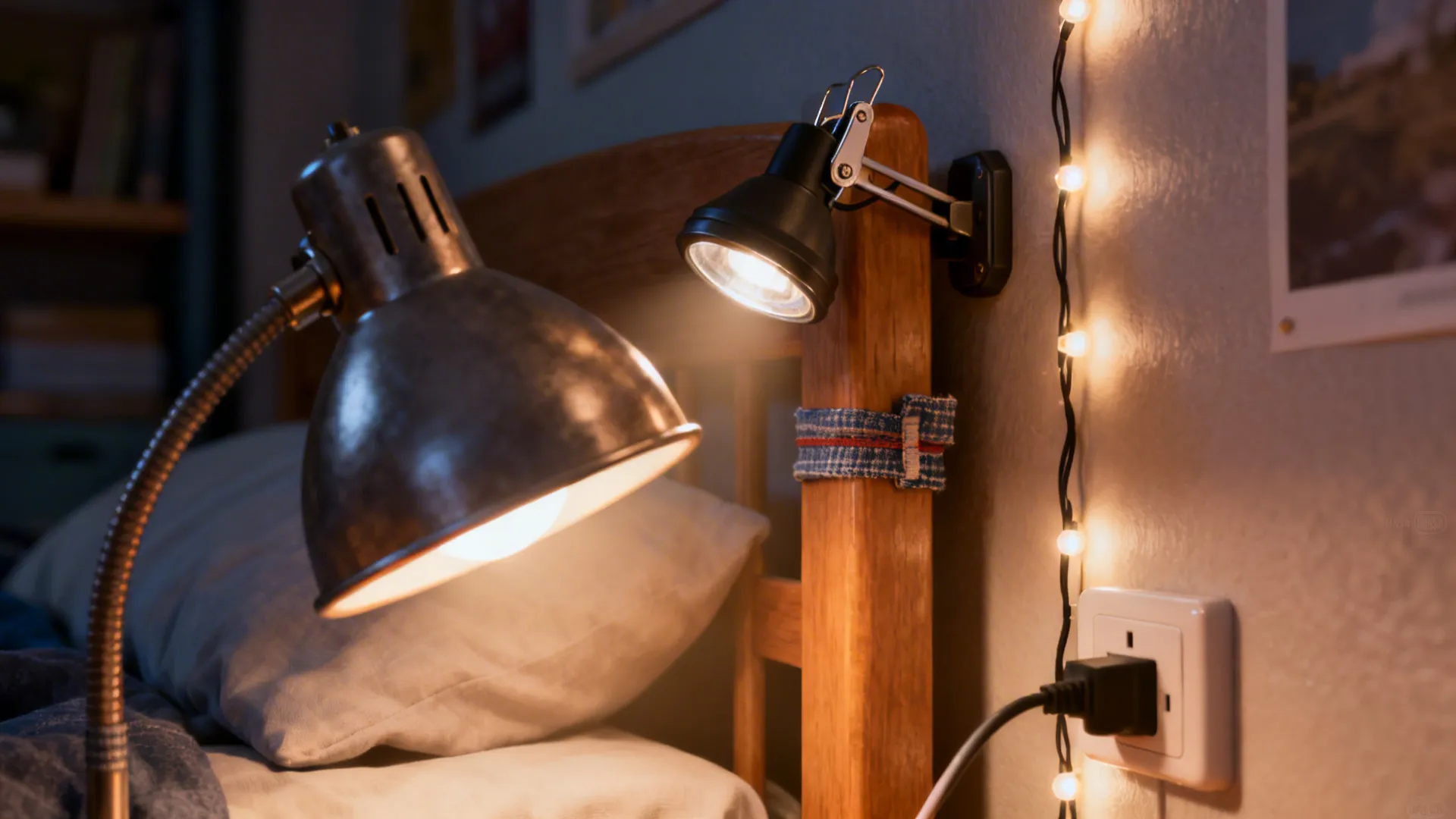 Close-up of a warm desk lamp, clip-on bedside light, and dimmable LED string lights in a dorm.