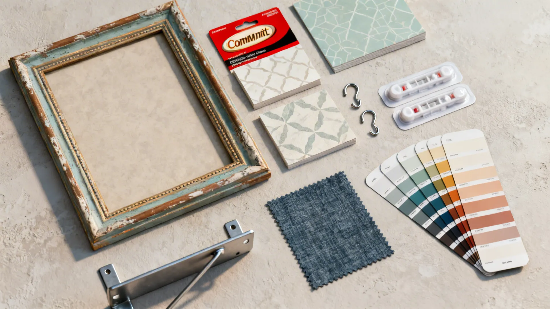 Flatlay of thrifted frames, wallpaper swatches, command strips and hardware samples