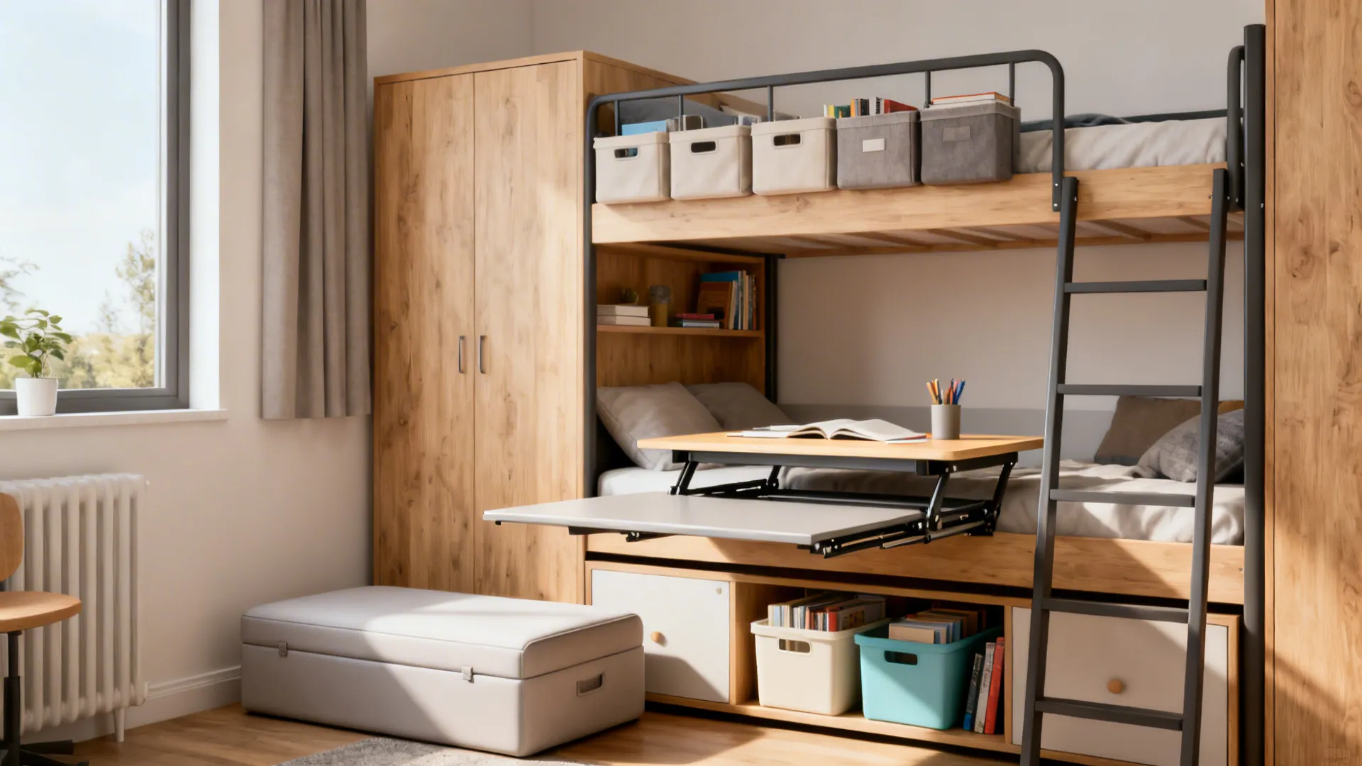 Small dorm with a lofted bed, study nook, foldable desk and storage ottoman.