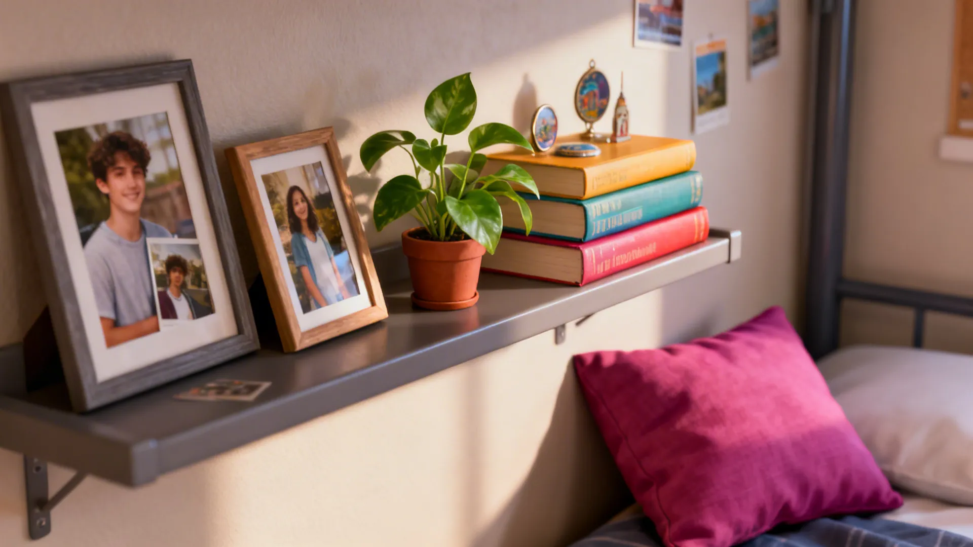 Framed photos, a small pothos plant, and color-coordinated books in a dorm room.