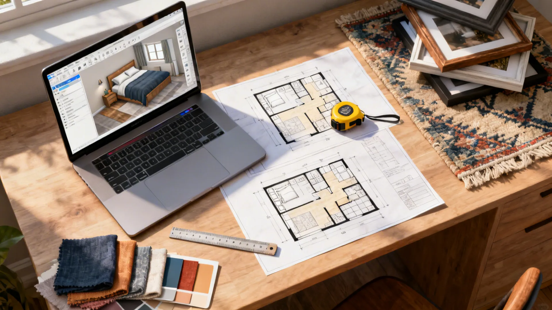 Top-down view of a laptop with floor planner, fabric swatches, and measuring tools for dorm planning.