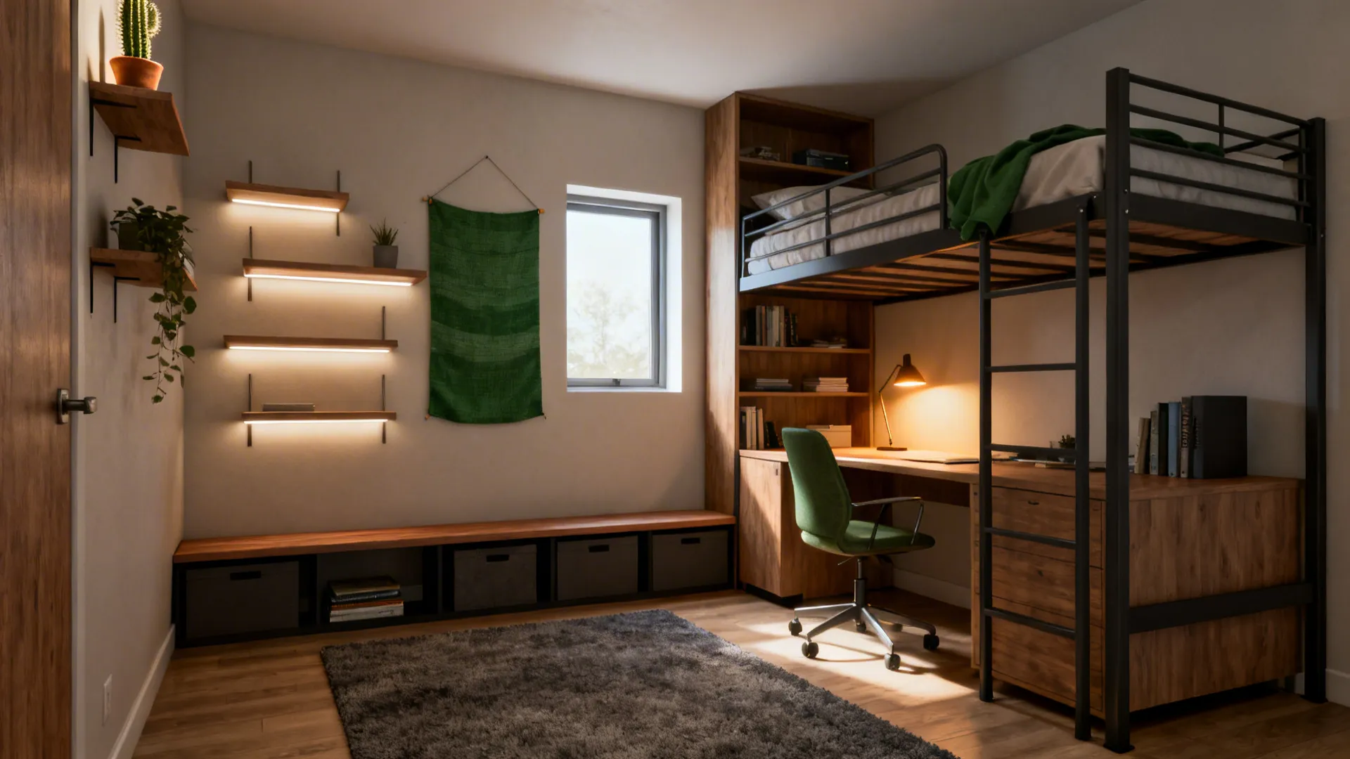 Small room with bunk bed desk green chair wall shelves and a grey floor rug