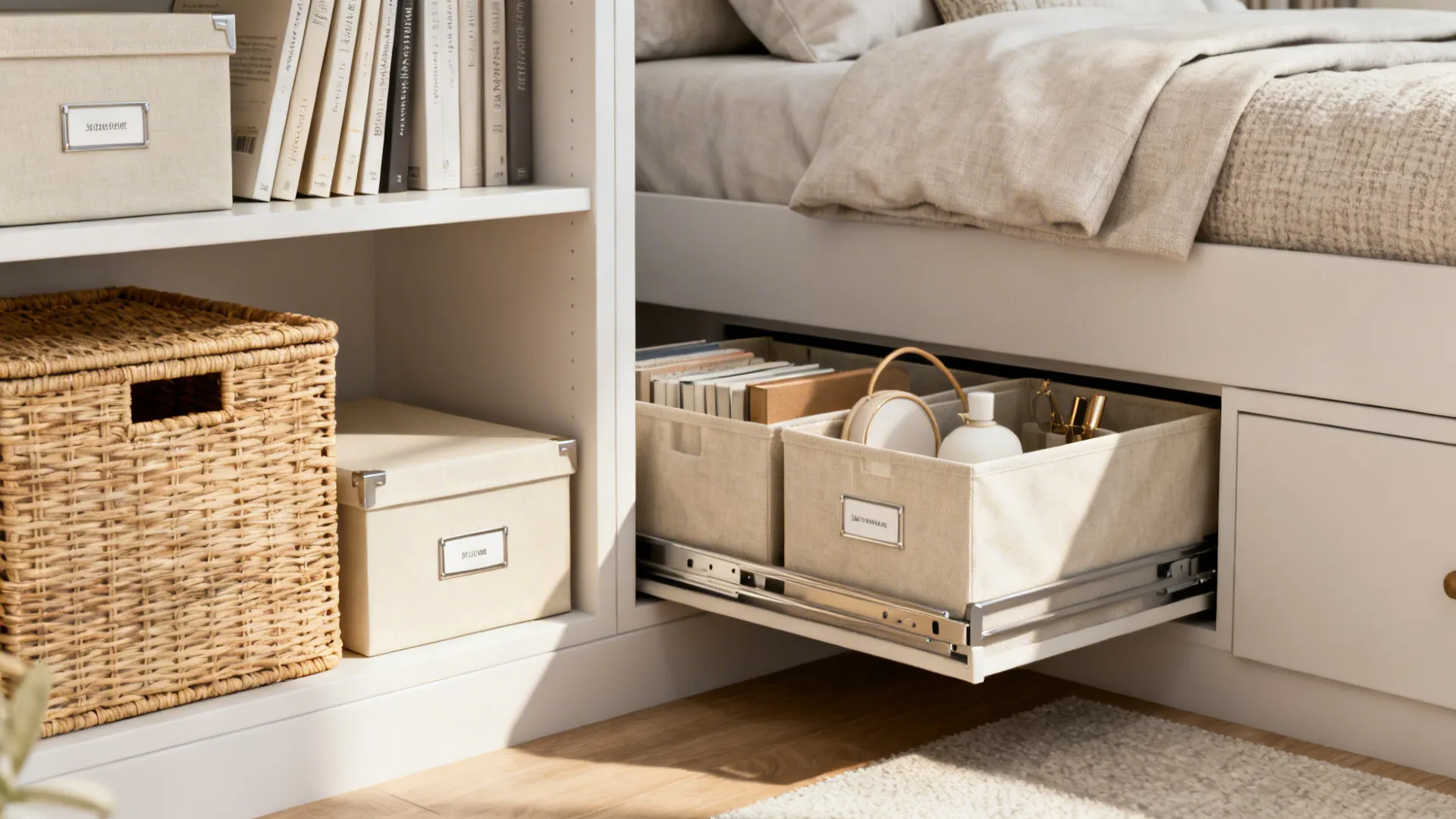 Open shelving with neutral baskets and under-bed organizers in a tidy dorm room.