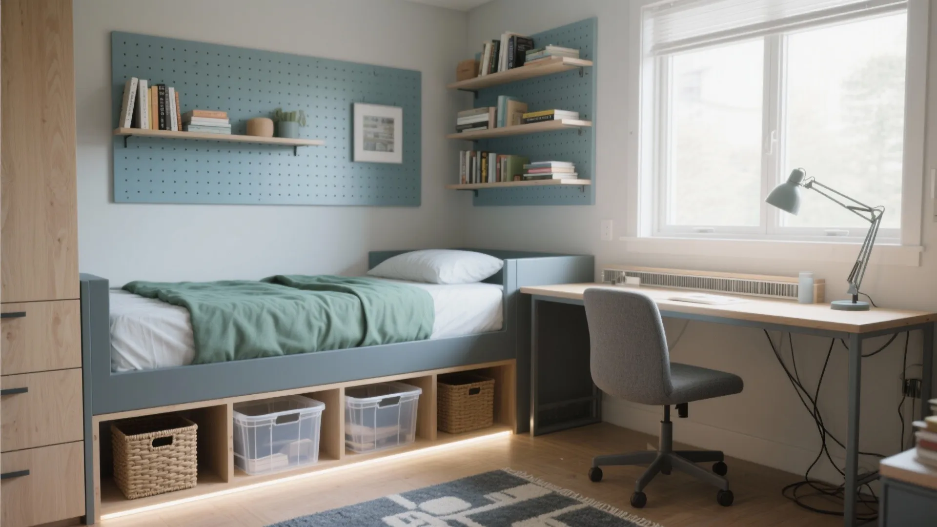 Dorm room with a blue bed storage frame study desk chair and wall shelf boards