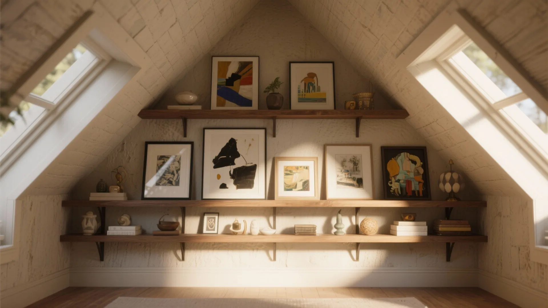 Wooden wall shelves displaying framed art and decor items inside a bright attic room layout