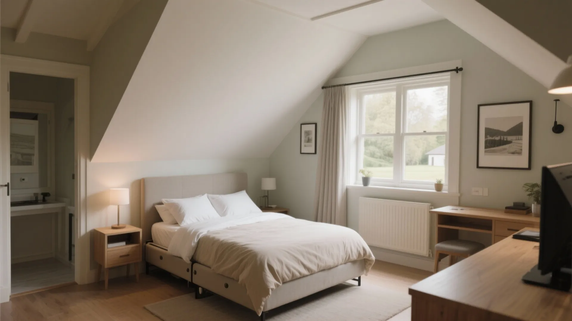 Cozy attic bedroom featuring a double bed, wooden desk, side table, and large white window