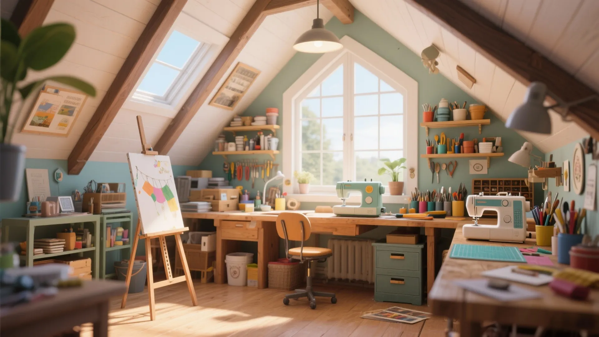 Attic workshop with sewing machine, art easel, wooden desk, craft supplies, and bright roof windows