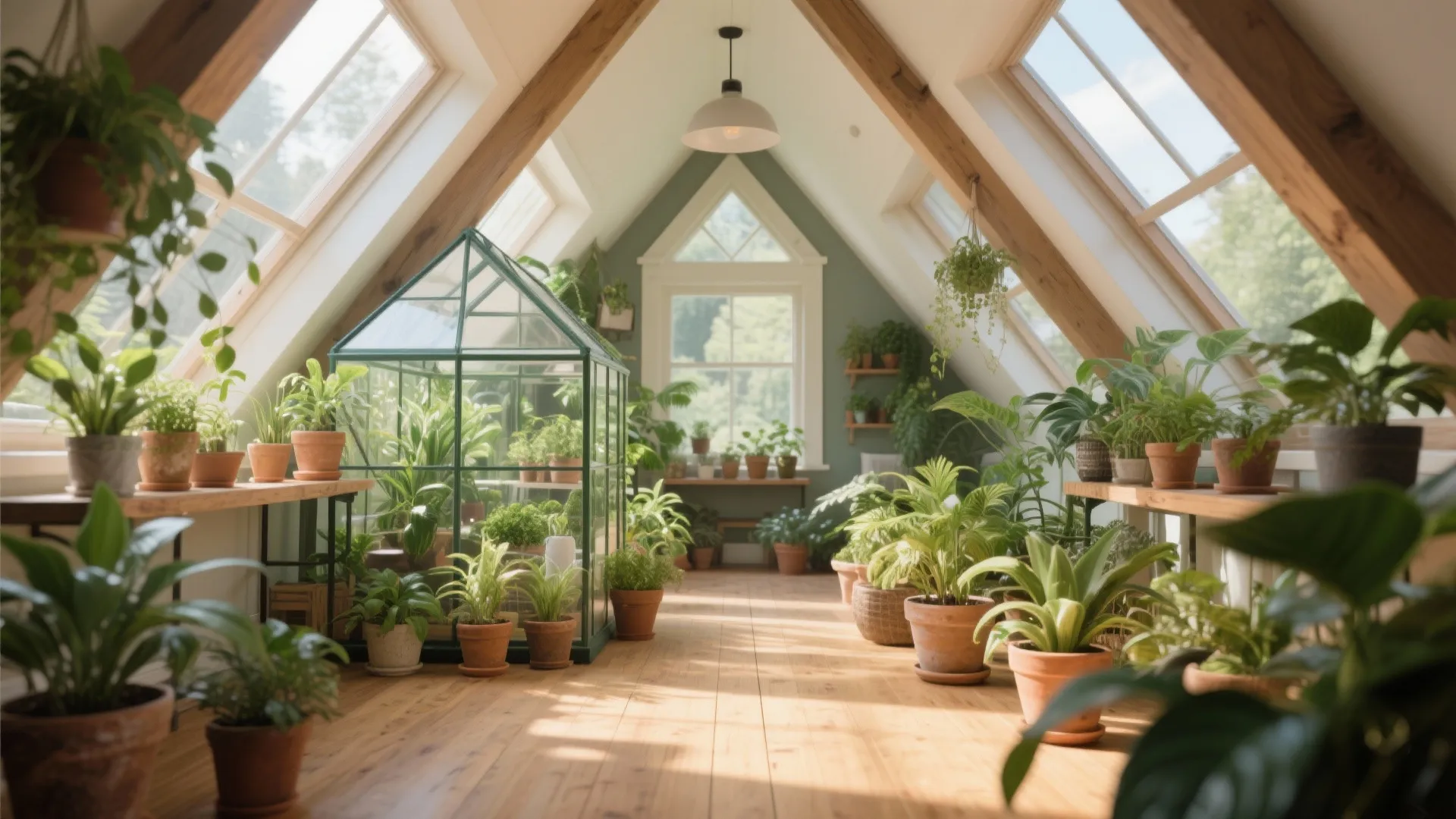 Indoor greenhouse in attic room with many potted plants wooden floors and bright roof windows