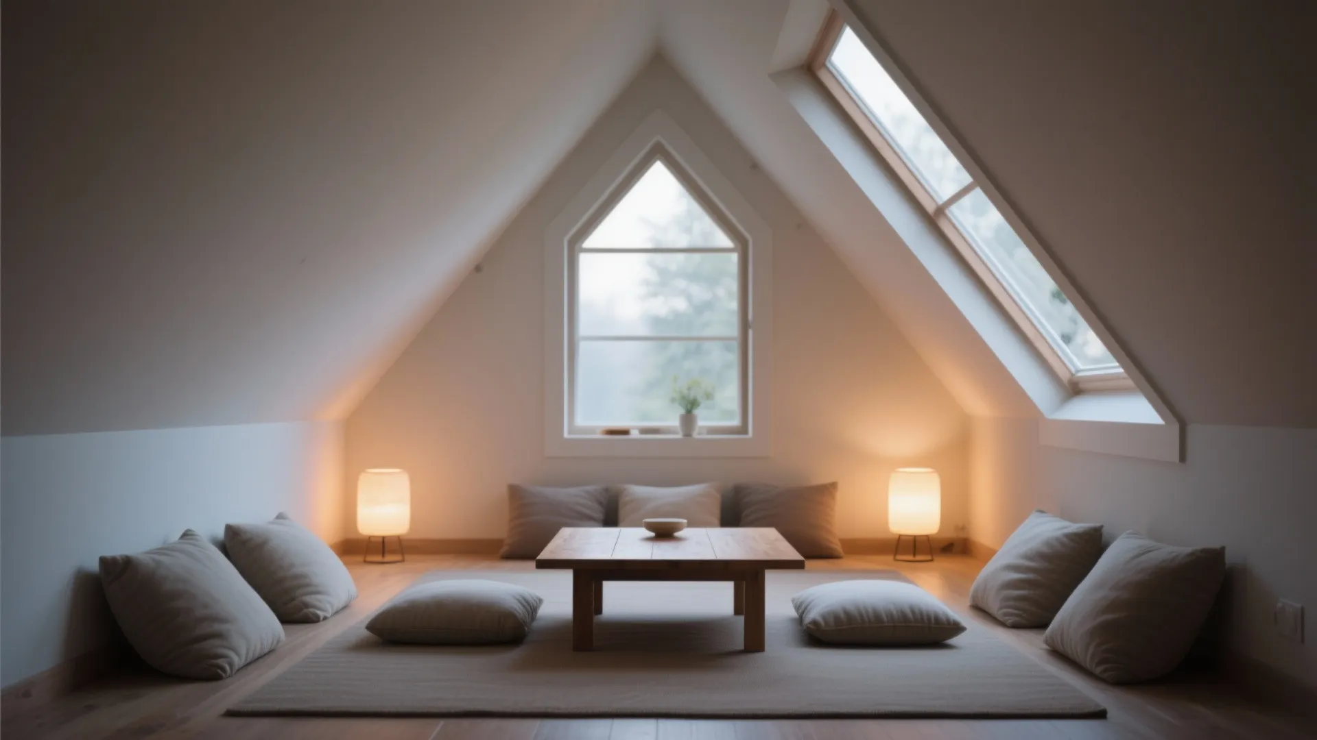 Peaceful meditation space with floor cushions a low wooden table and a bright roof window