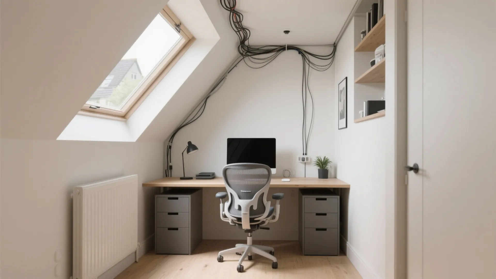 Home office setup with wooden desk grey chair computer screen cables and a roof window