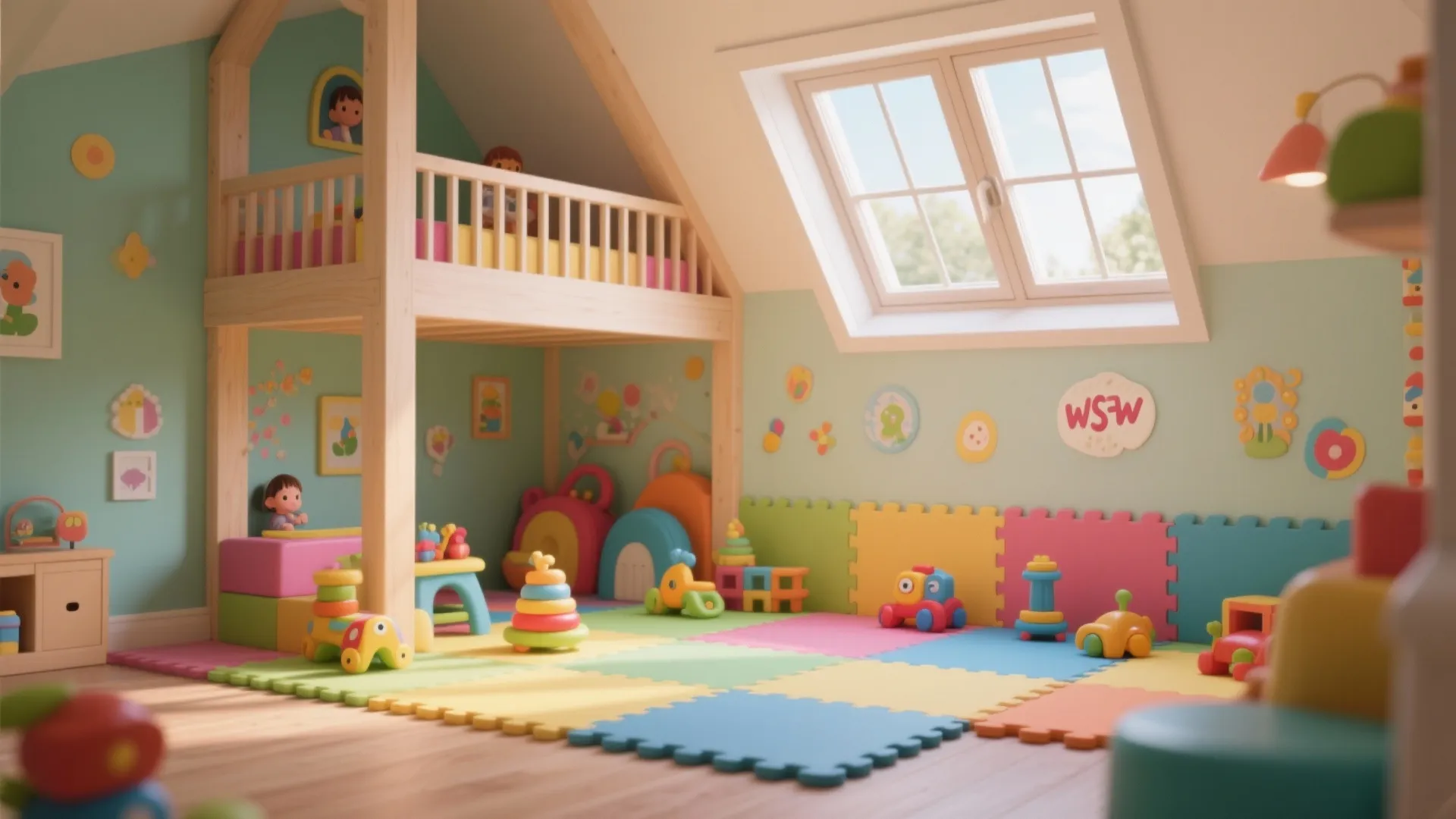 Colorful children playroom in attic featuring wooden loft bed toys and a large roof window