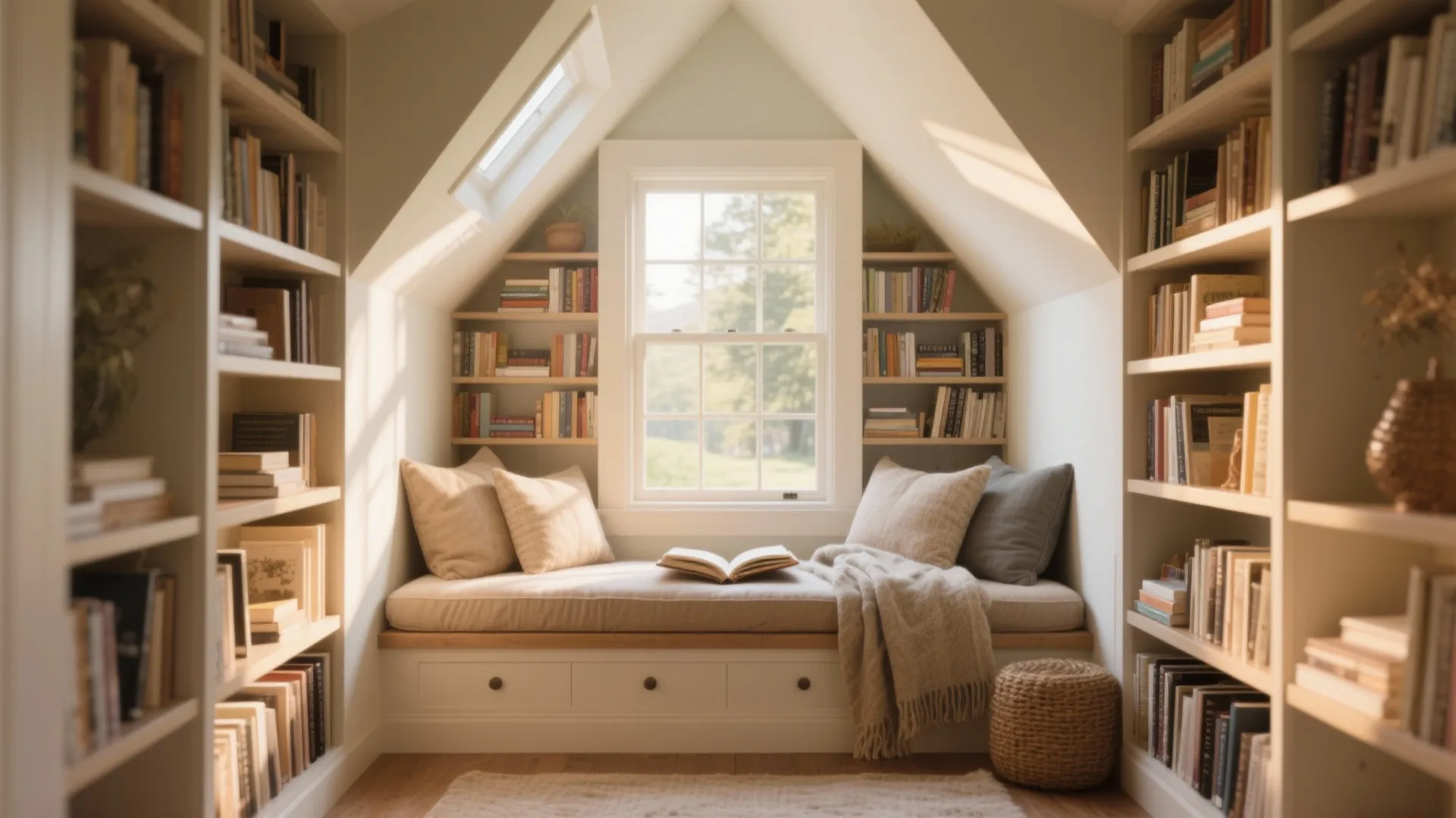 Reading area under a roof window with white bookshelves soft pillows and an open book