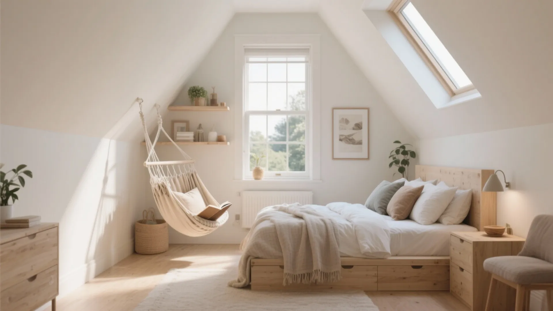 Bright attic bedroom featuring wooden bed hanging hammock chair roof window and light wood flooring