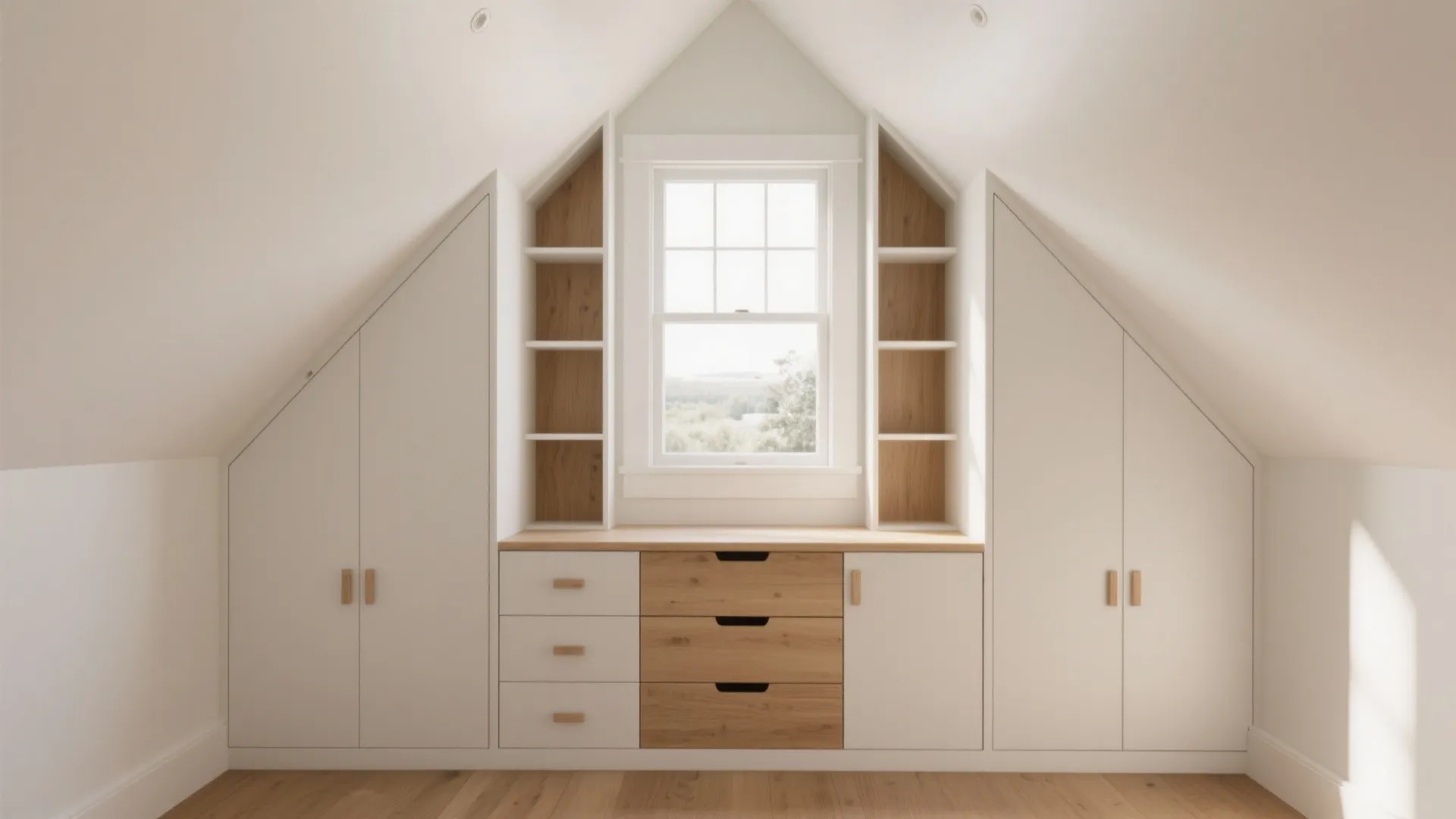 Built in white cabinets and wooden drawers surrounding a bright window in an attic room