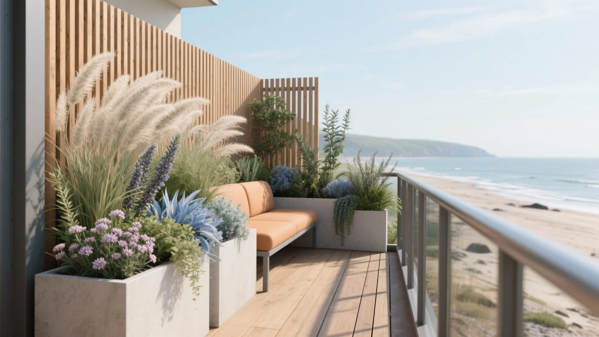Sunny balcony with orange sofa, wooden floor, white plant pots, and view of the beach