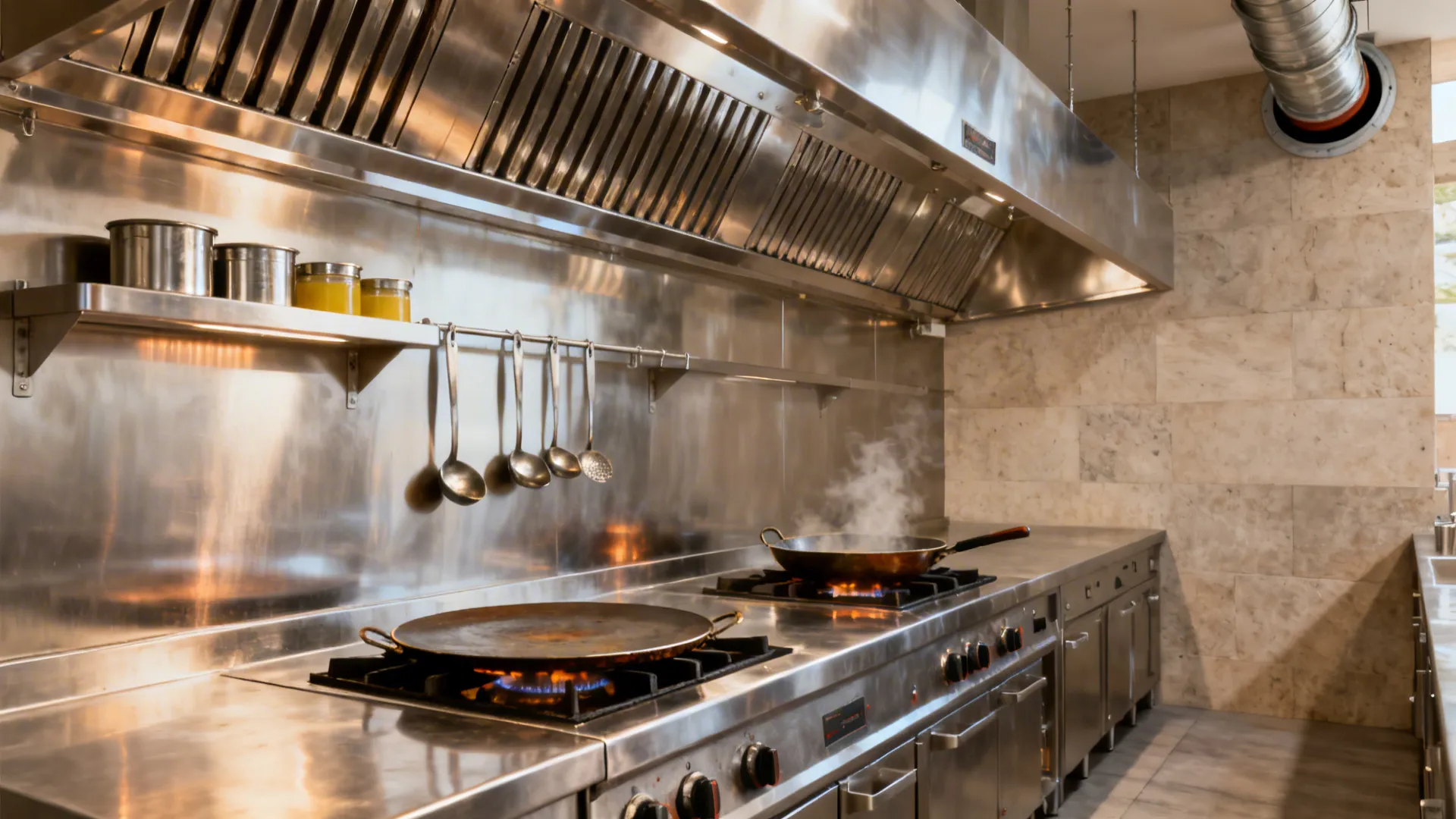 Dedicated dosa and tadka line with oversized hood, tawa griddles, and drip-edge shelf.