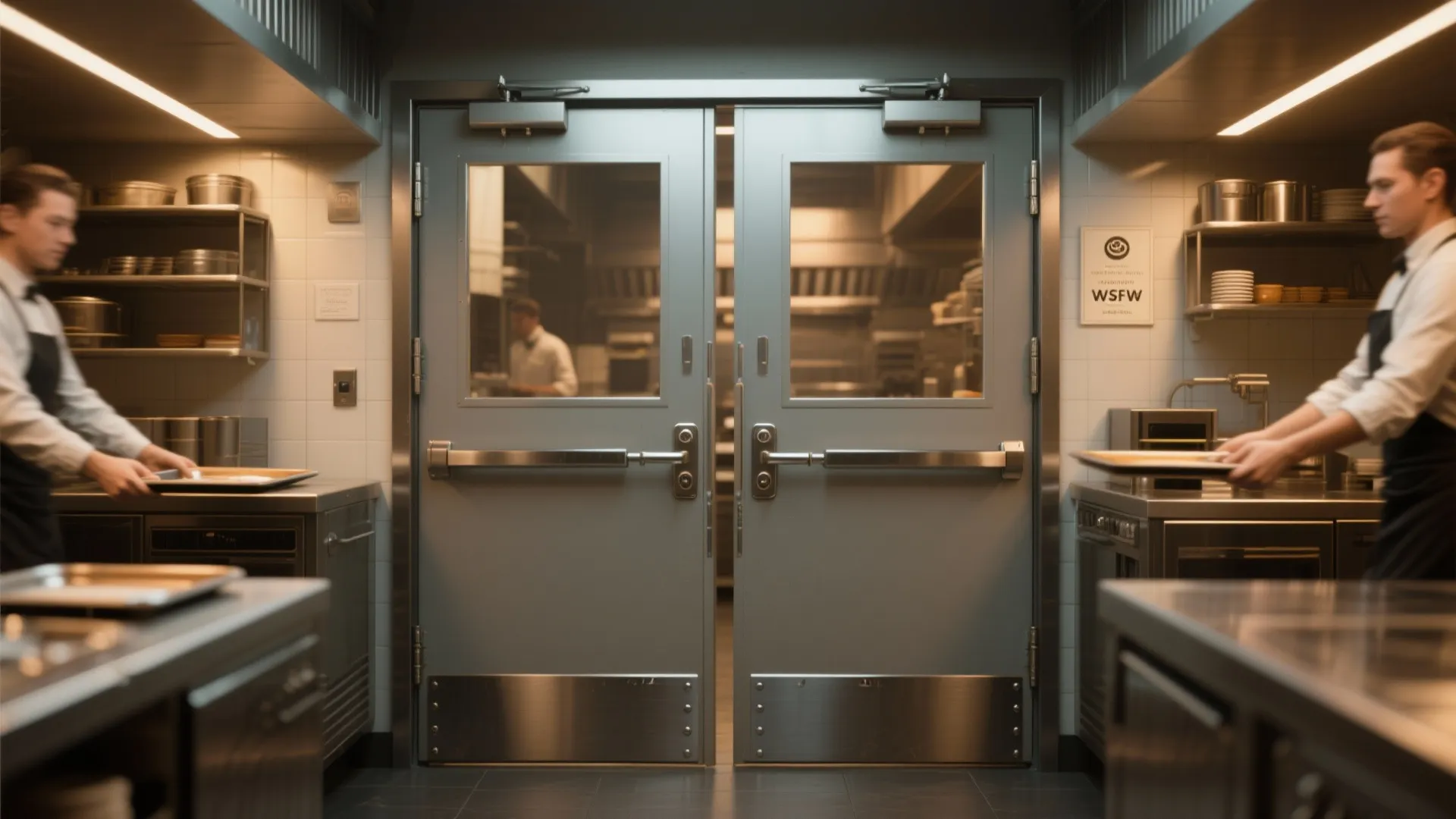 Double-action saloon door with stainless kick plates and staff passing trays through smoothly.