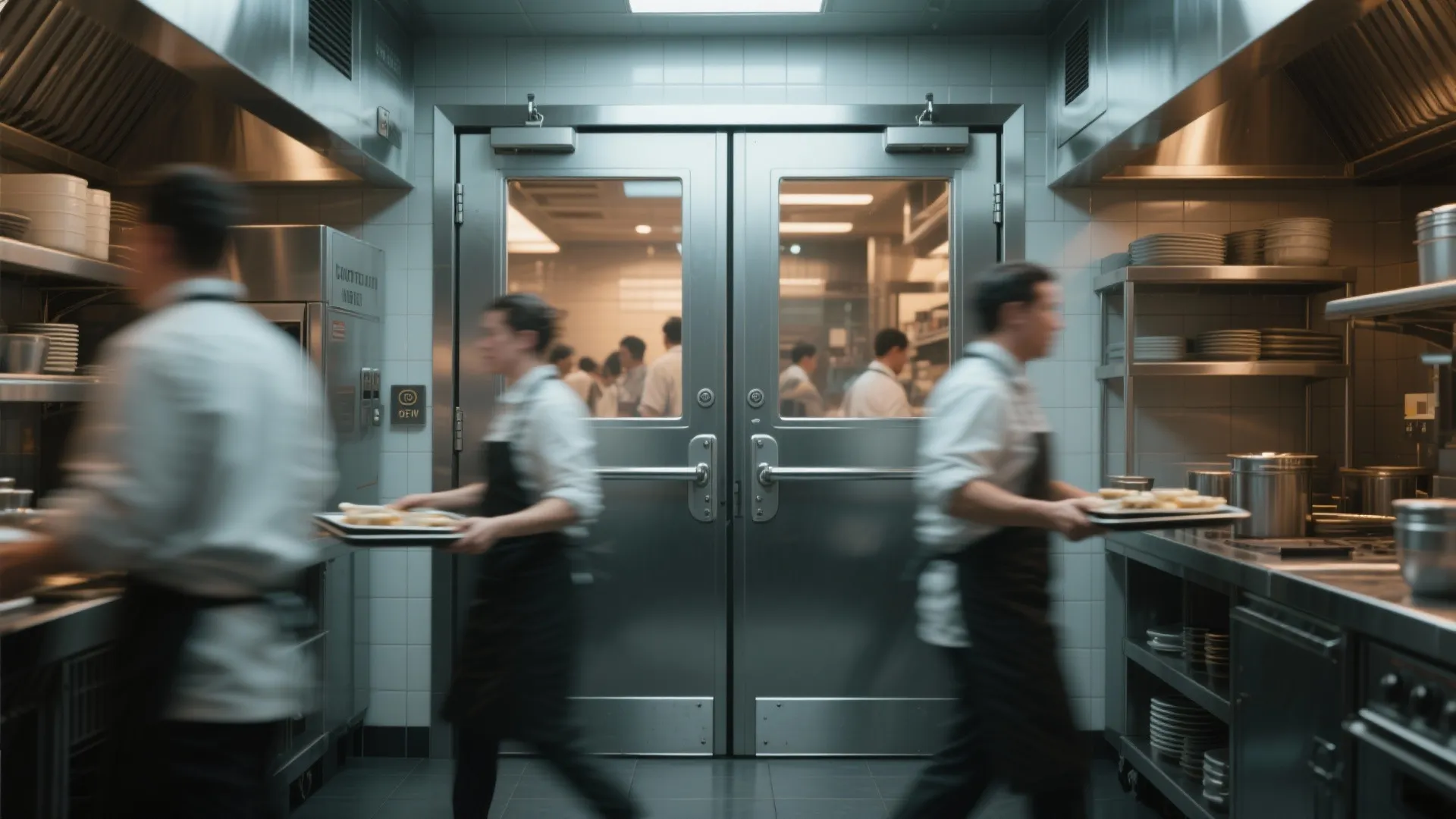 Double-action swing door with narrow vision panels in a busy restaurant kitchen pass.