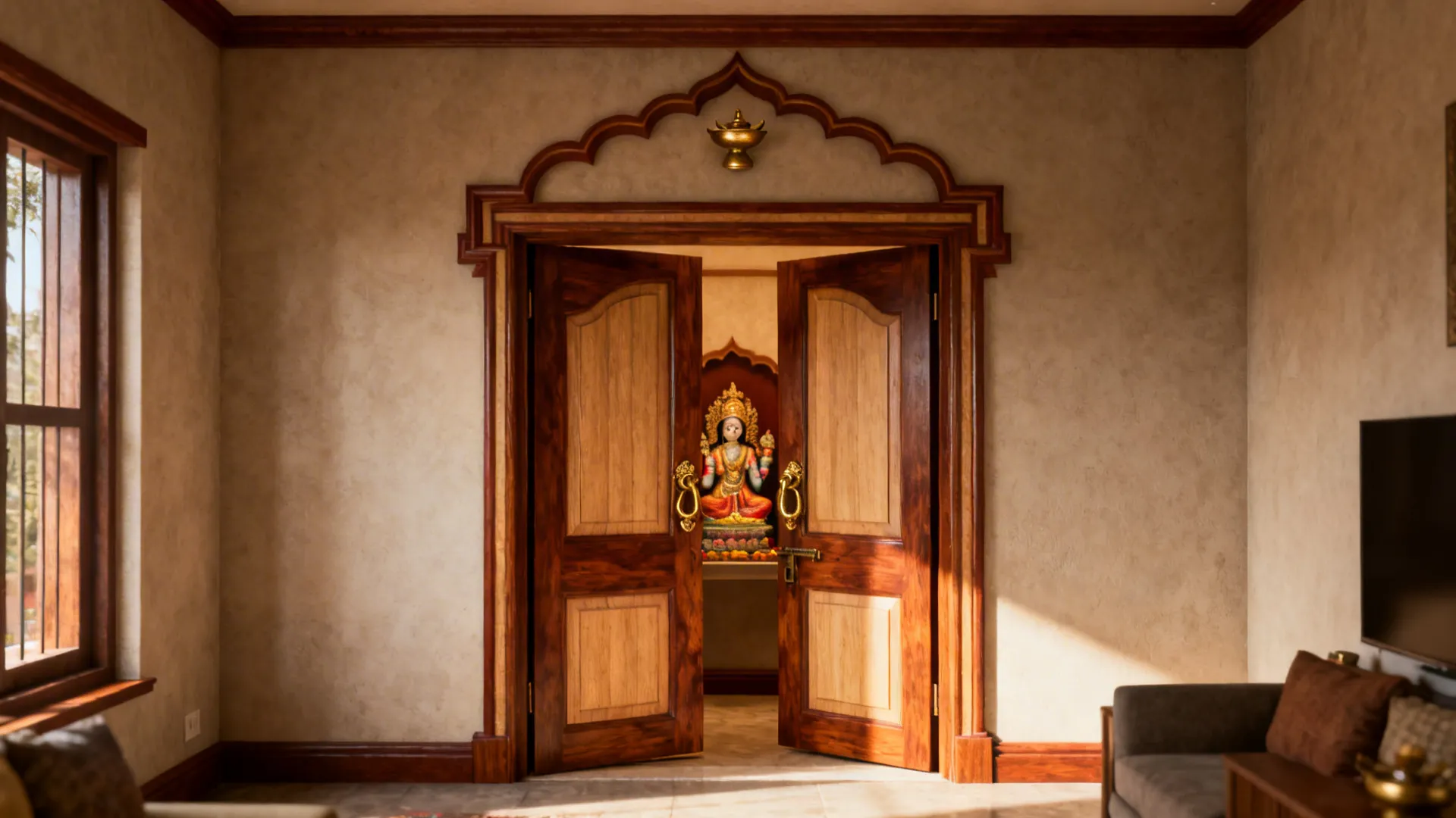 Traditional double pooja doors beneath a temple-style arch framing the idol.