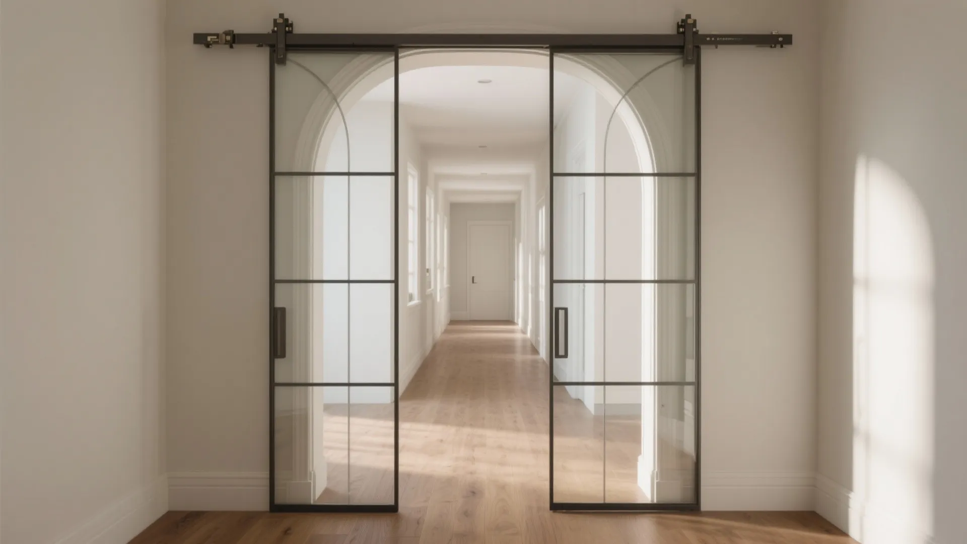 Black metal sliding glass doors opening to a white hallway with wooden floors and arches