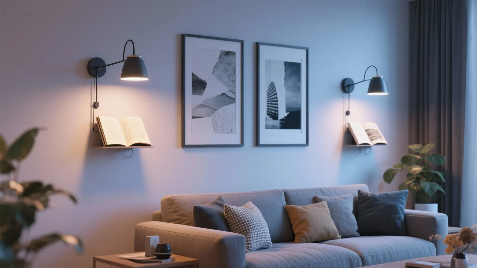 Double-arm adjustable sconces in family living room