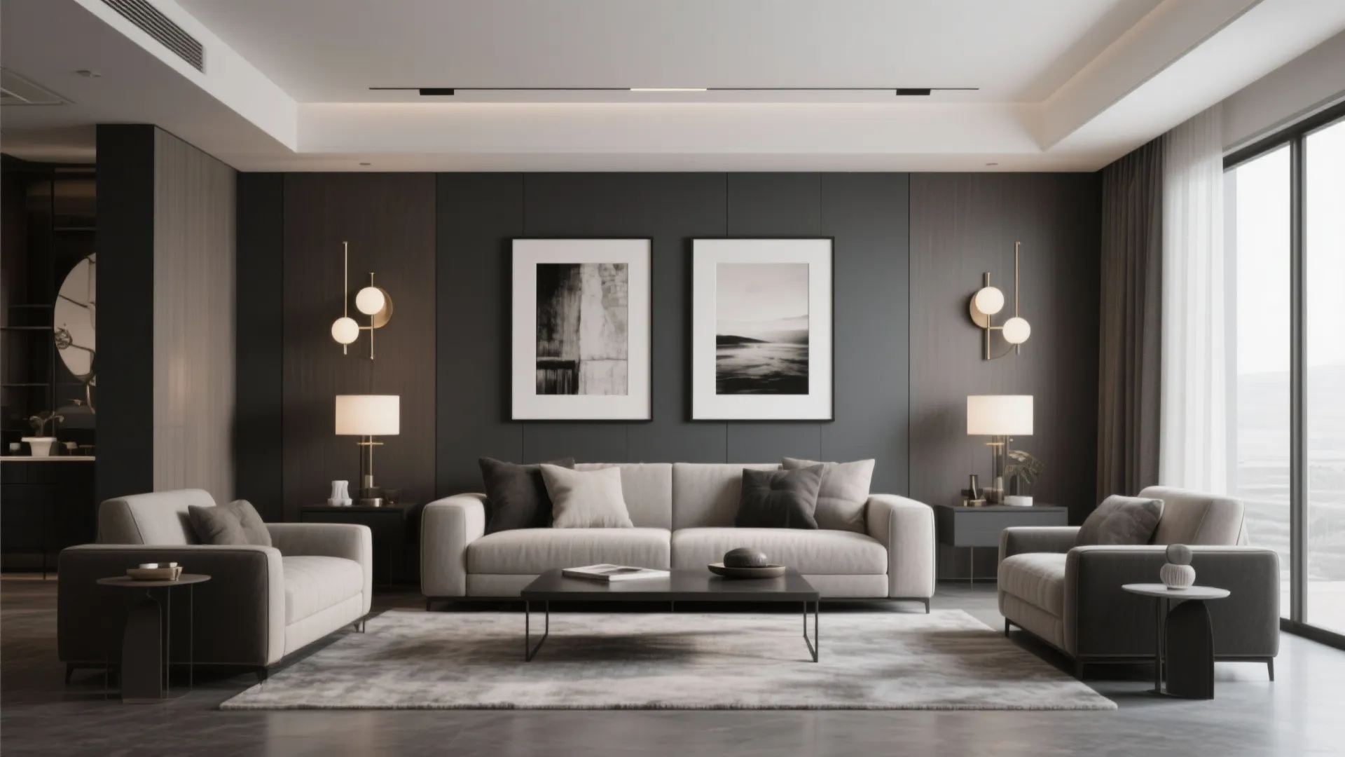 Modern living room with grey sofa set wall light fixtures art frames and large area rug