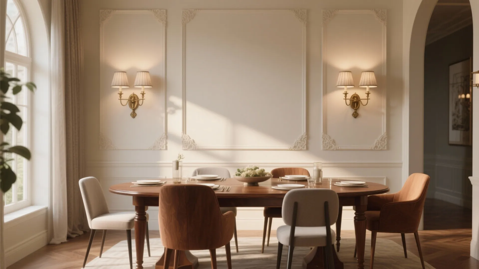 Traditional double-arm fabric shade sconces in dining room