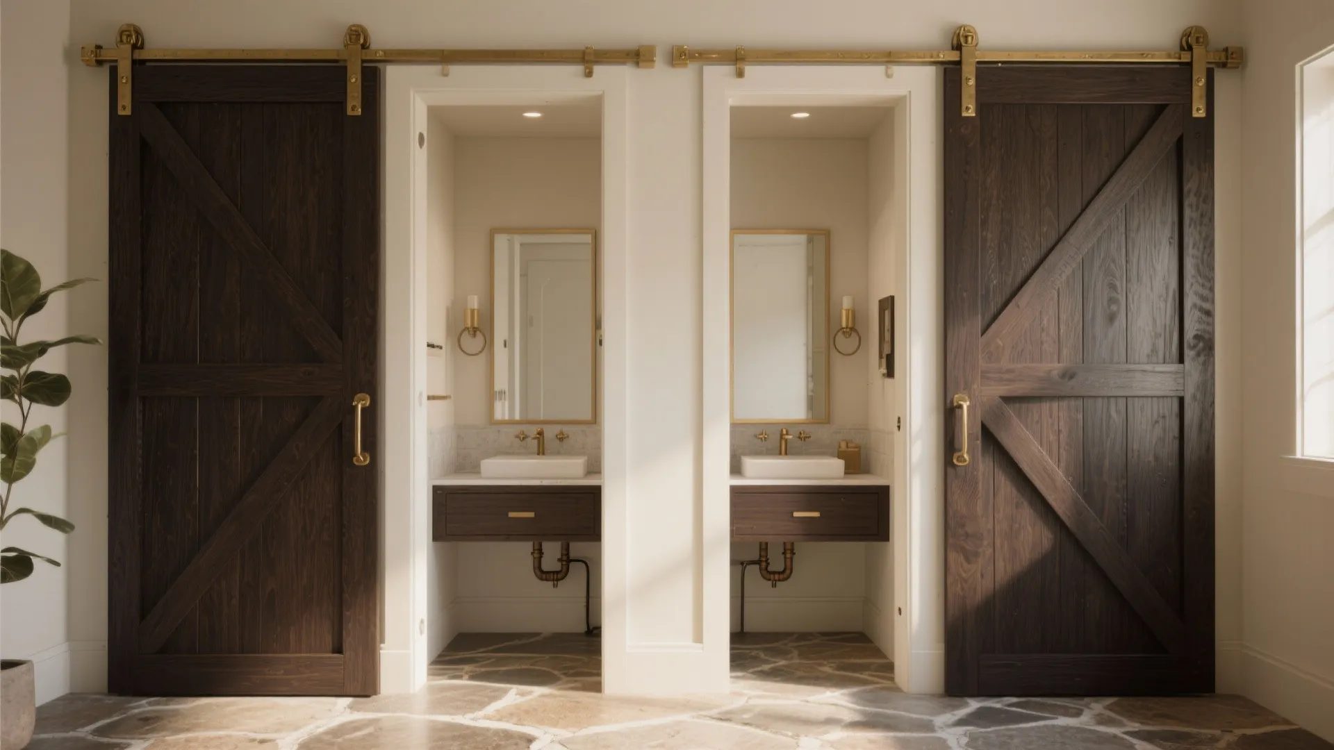 Two dark wood barn doors framing two small bathroom vanity areas with mirrors and gold faucets