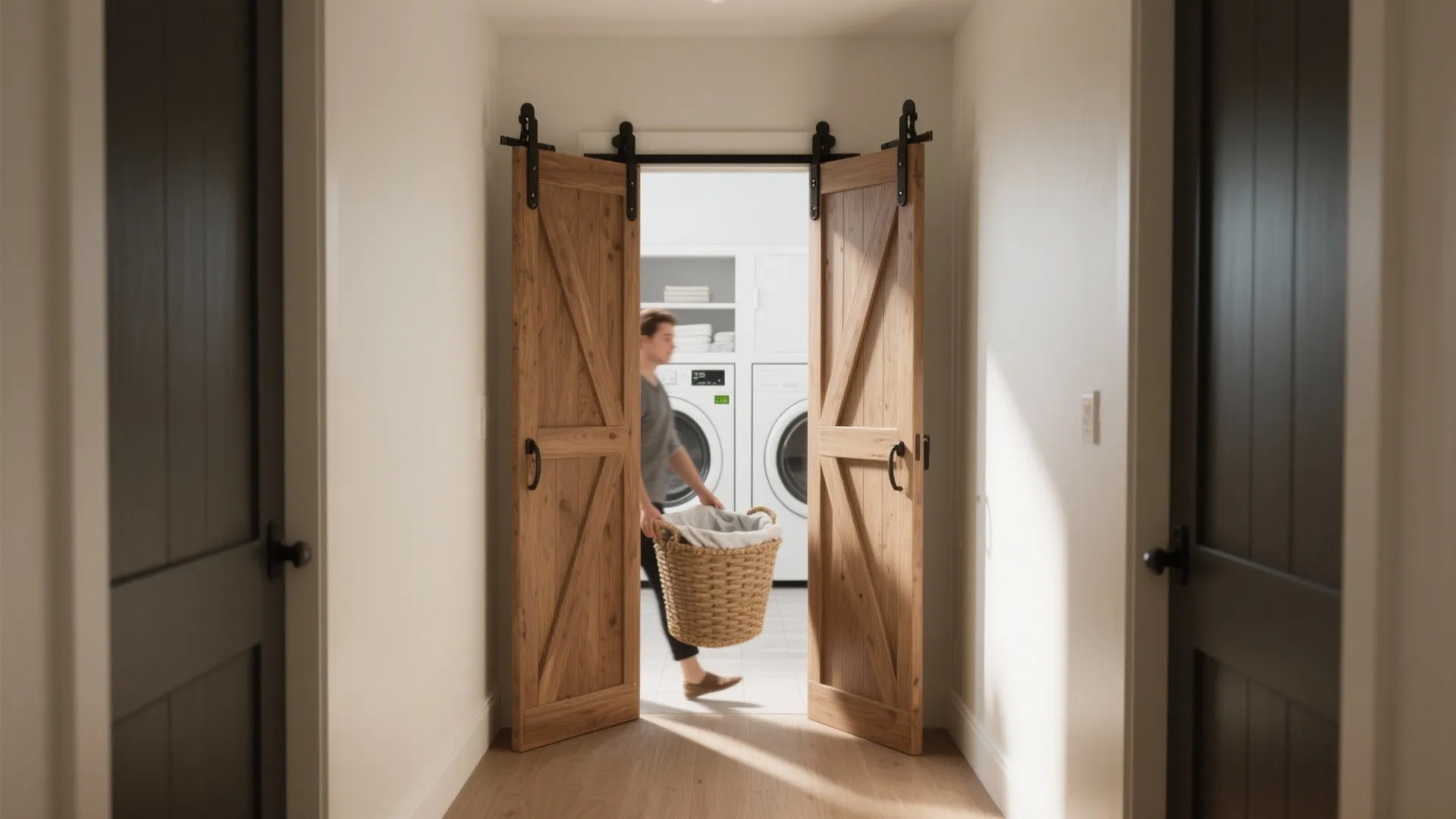 Double wooden sliding doors opening into a laundry room with a person carrying a basket