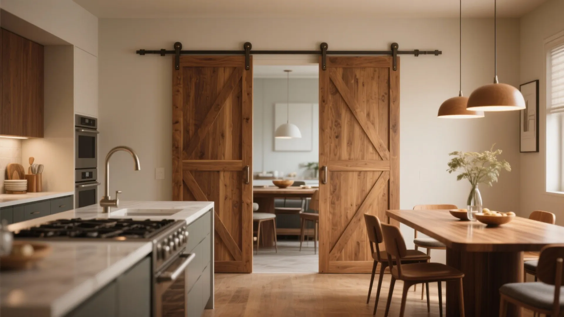 Wooden double barn doors opening from a kitchen area into a dining room with lights