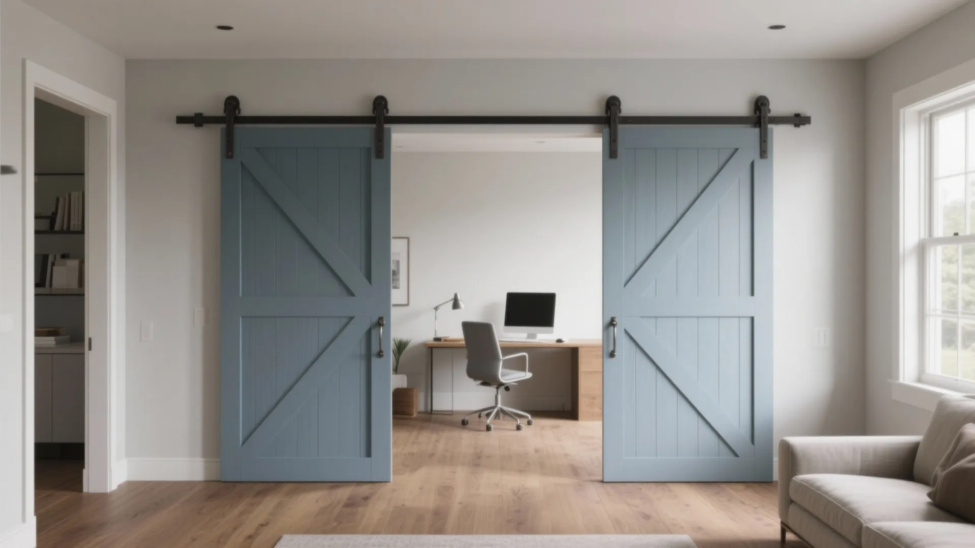 Blue double sliding barn doors opening to reveal a modern home office with desk and chair