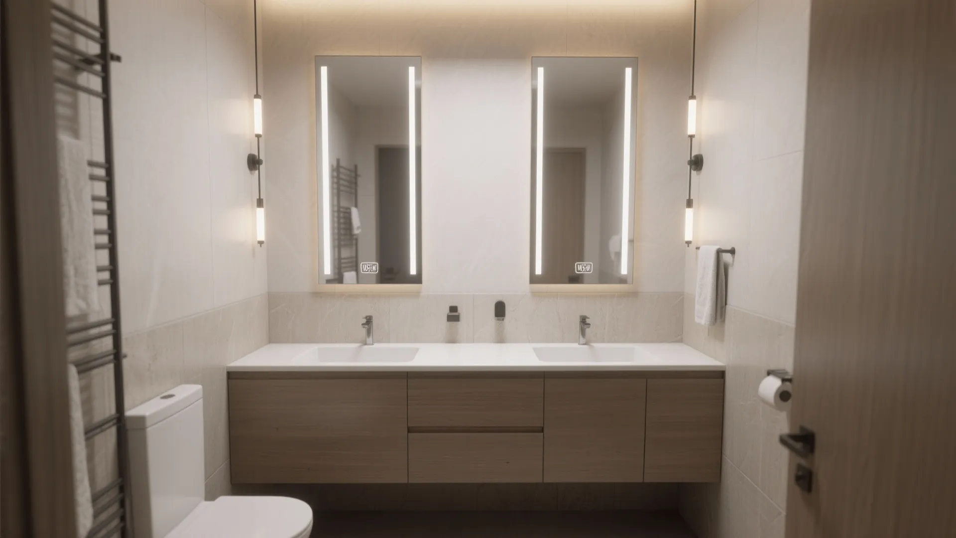 Modern bathroom featuring double sinks two lighted mirrors wooden cabinet white toilet and wall lights
