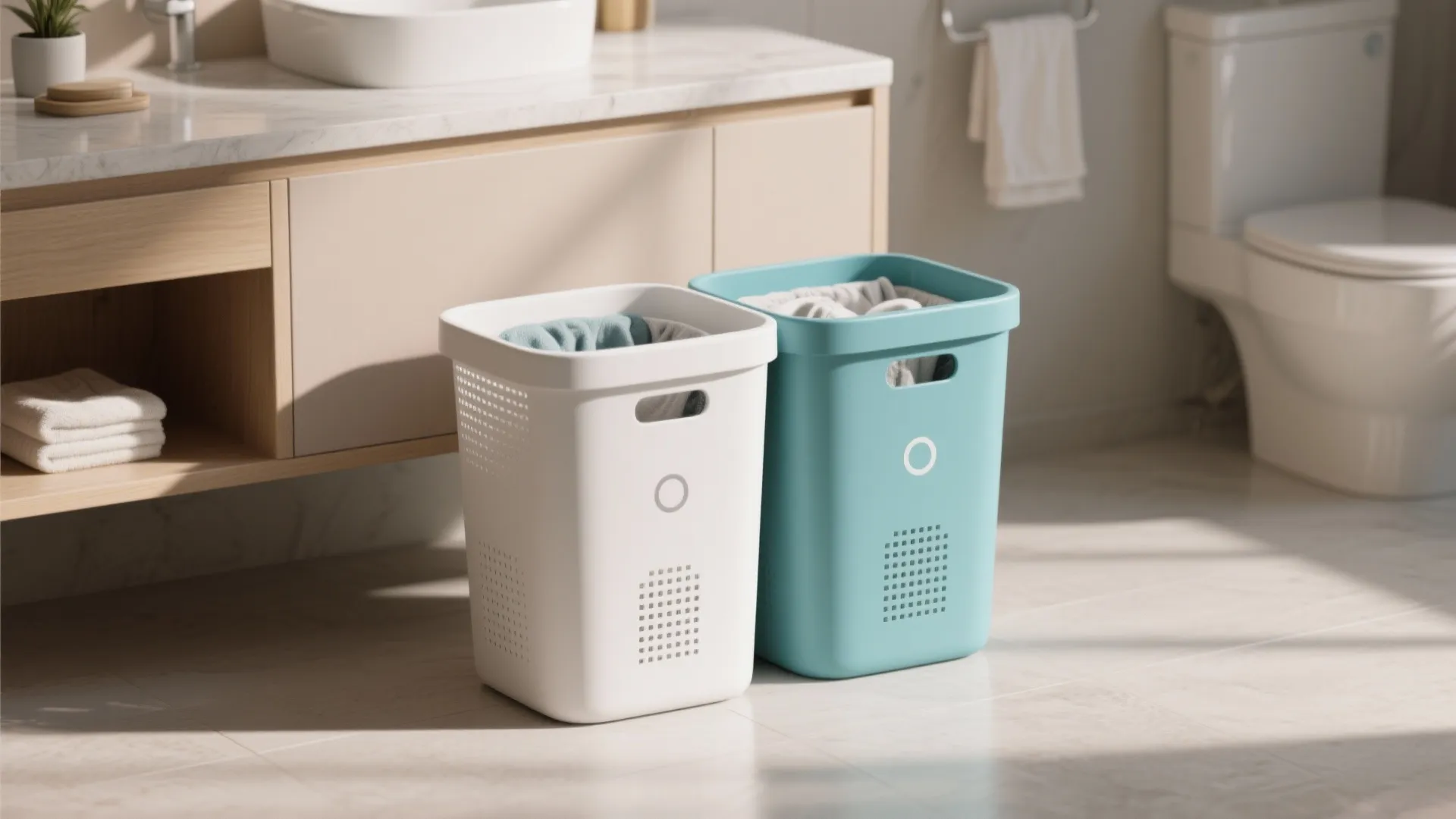 White and blue plastic laundry bins on a bathroom floor next to a wooden cabinet