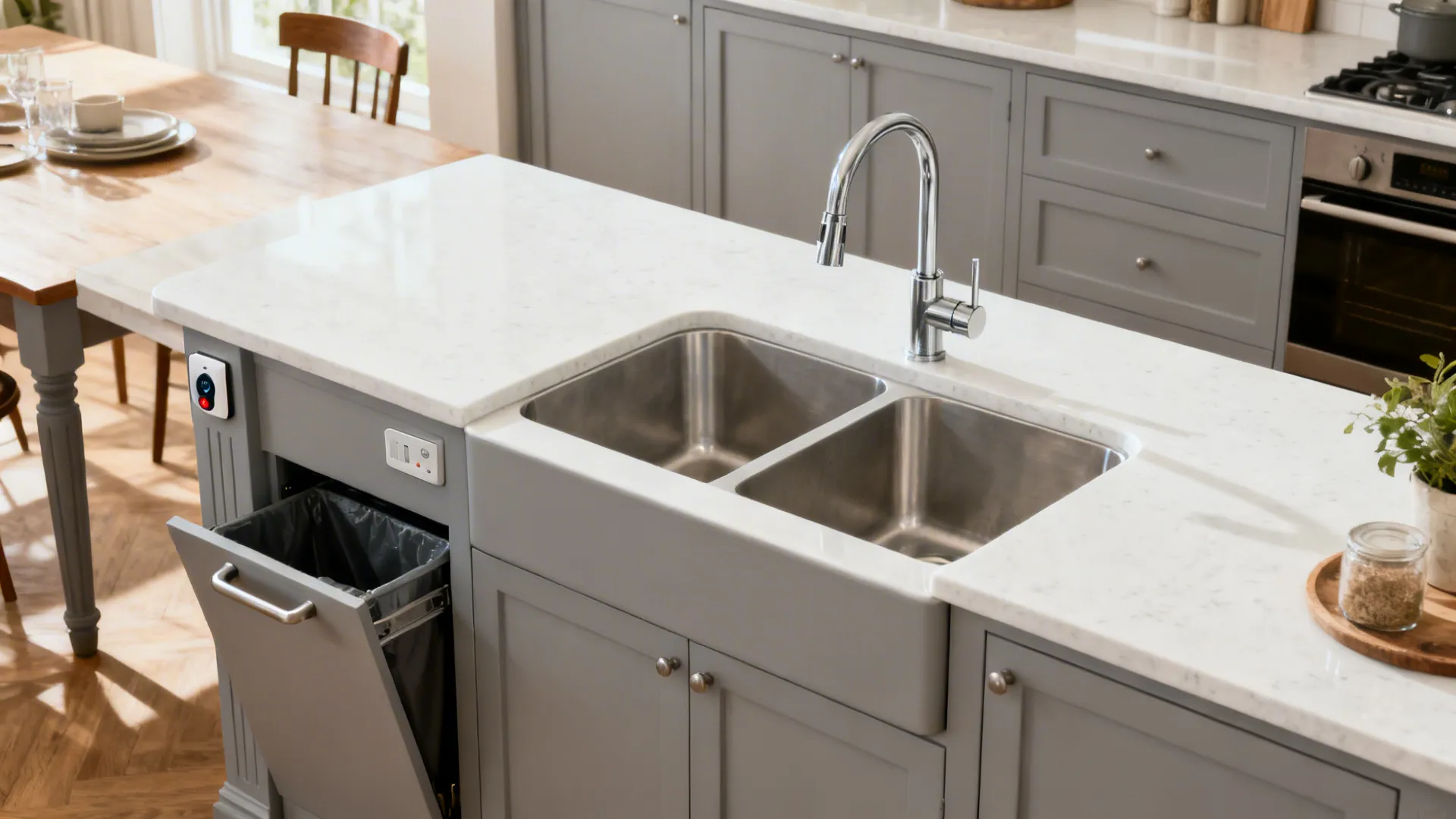 Double-bowl corner sink with pull-down faucet and an air switch on the stile.