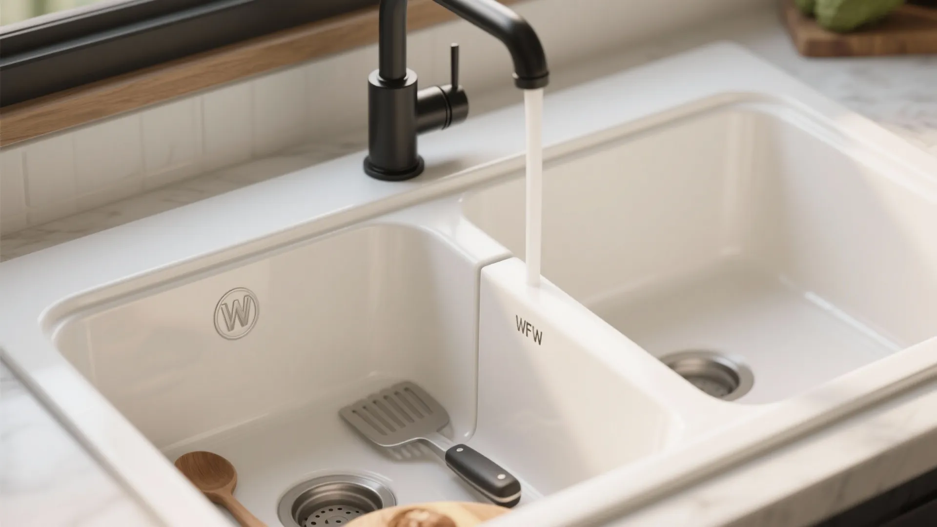 Close up of double bowl white kitchen sink with black faucet and running water over utensils