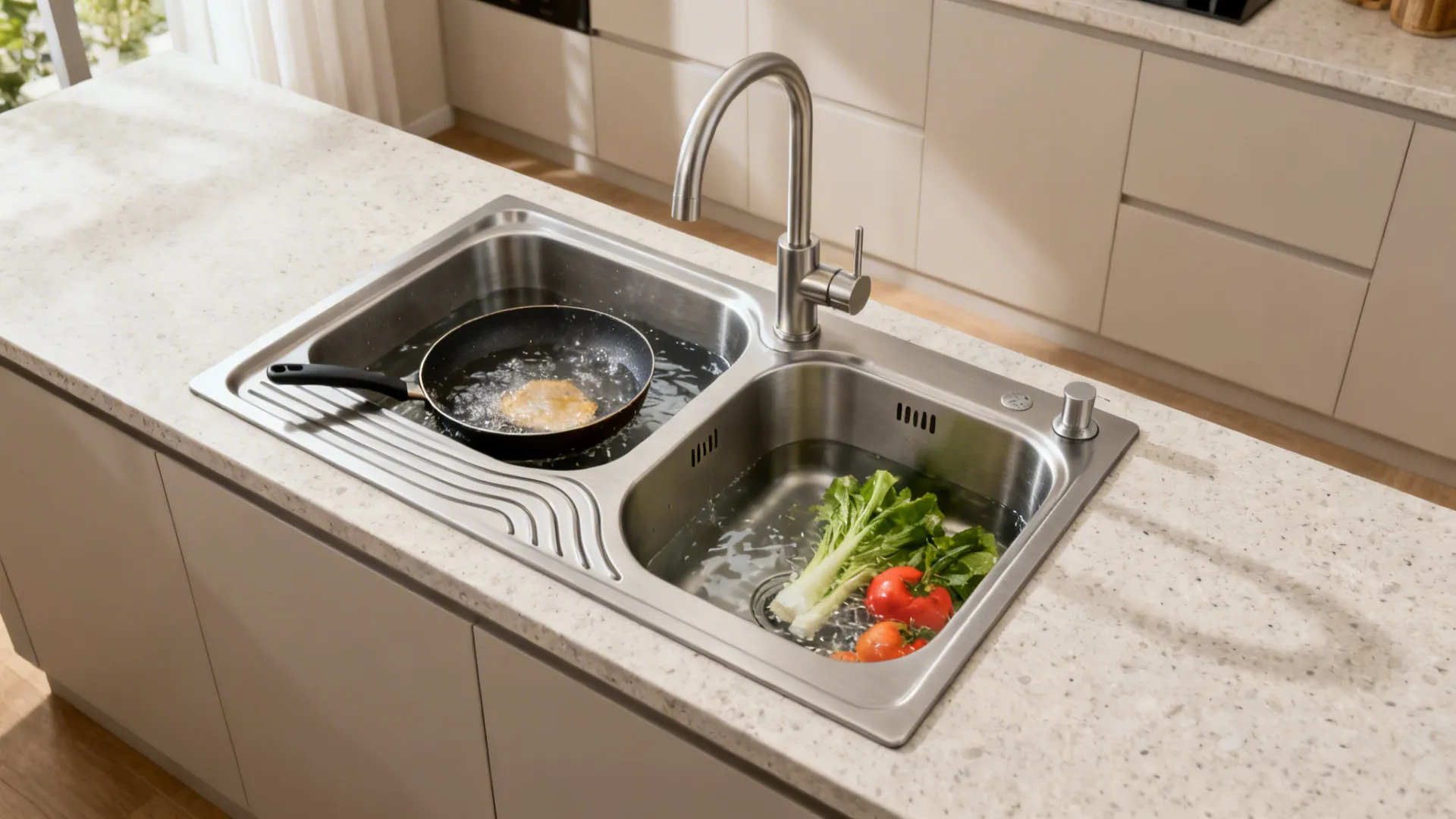 Compact double-bowl sink with a side drainboard channeling water back into the basin.