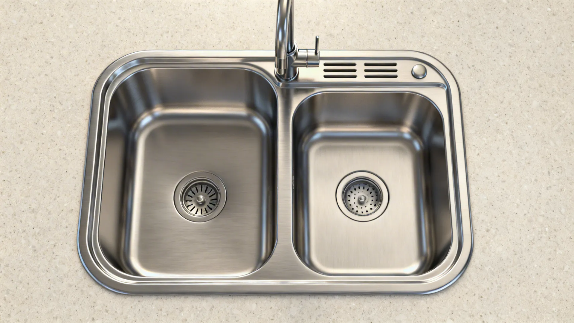 Top-down double-bowl sink layout with a slim divider, rear drains, and accessory rails on a light quartz surface.