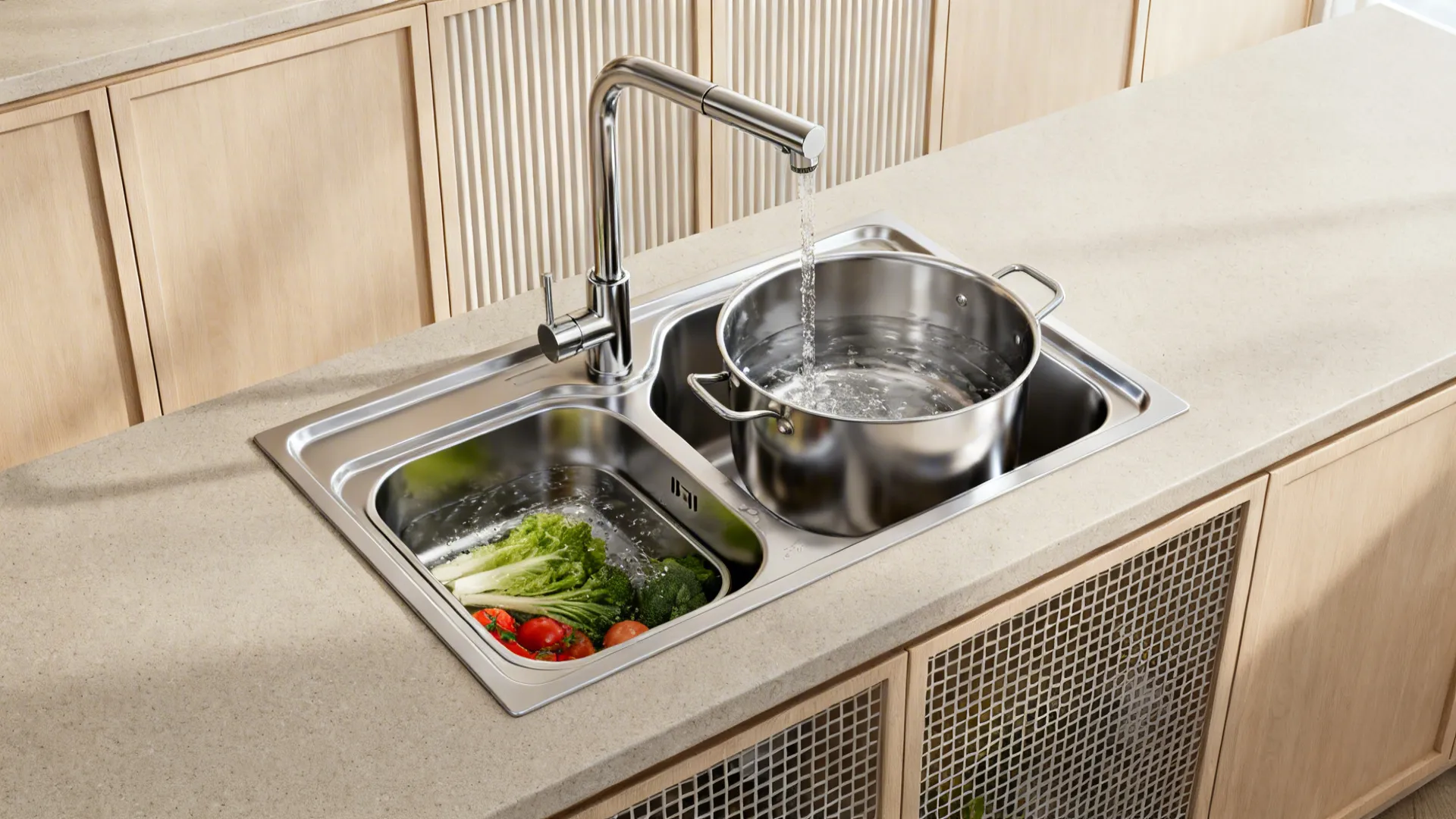 Compact double-bowl with pull-out spray
