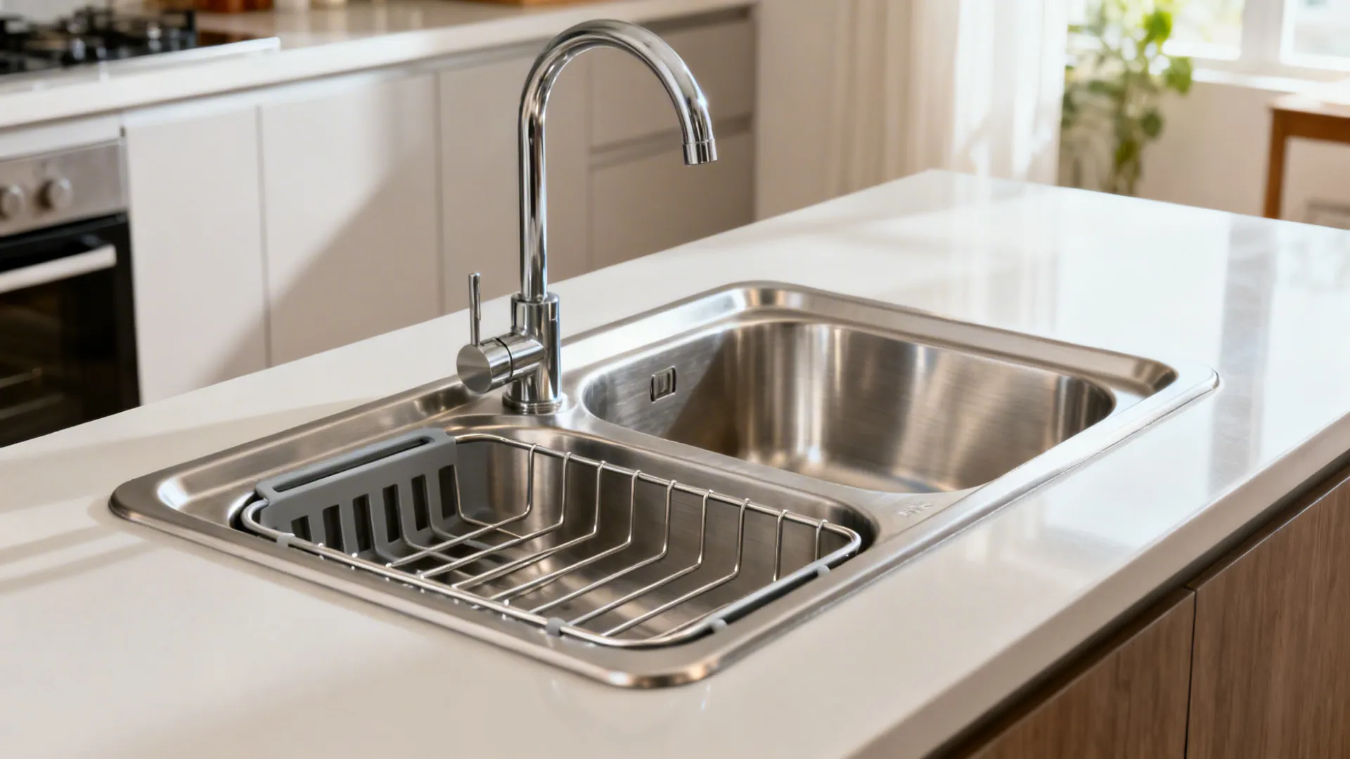 60/40 double-bowl stainless steel sink with micro-radius corners in a compact kitchen.