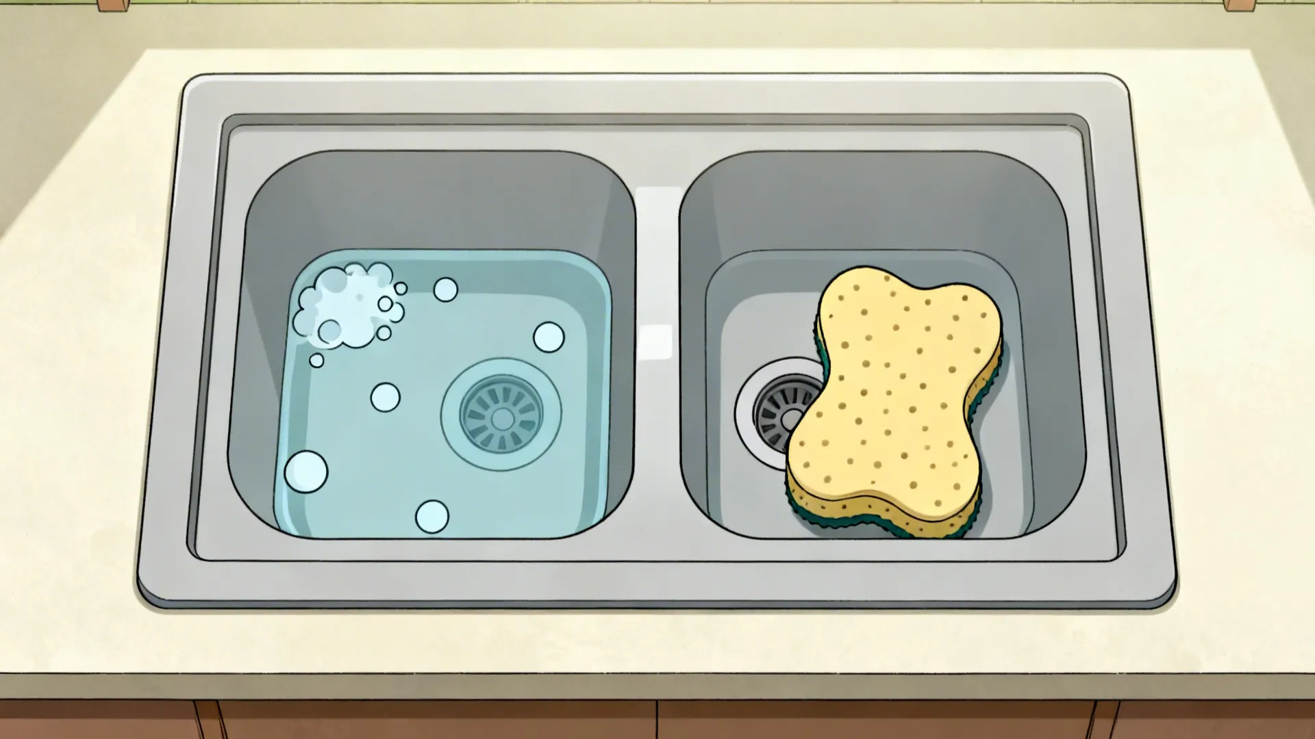 Top-down cartoon double-bowl sink with slim divider, off-center drains, bubbles, and a sponge.