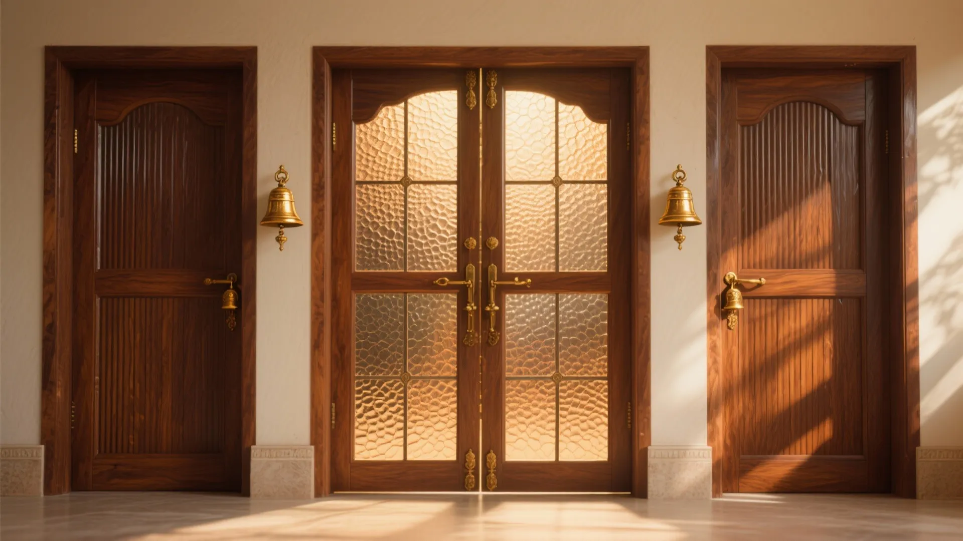 Traditional Double Doors with Brass Details and Textured Glass