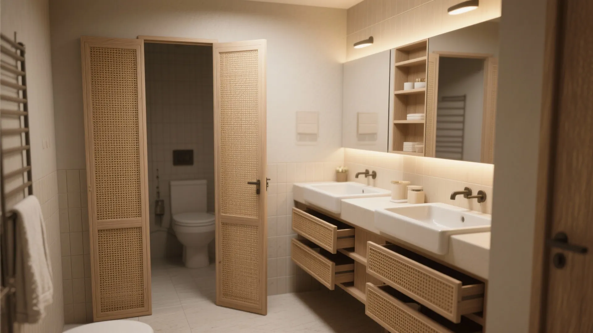 3. Double-sink cane vanity with integrated storage