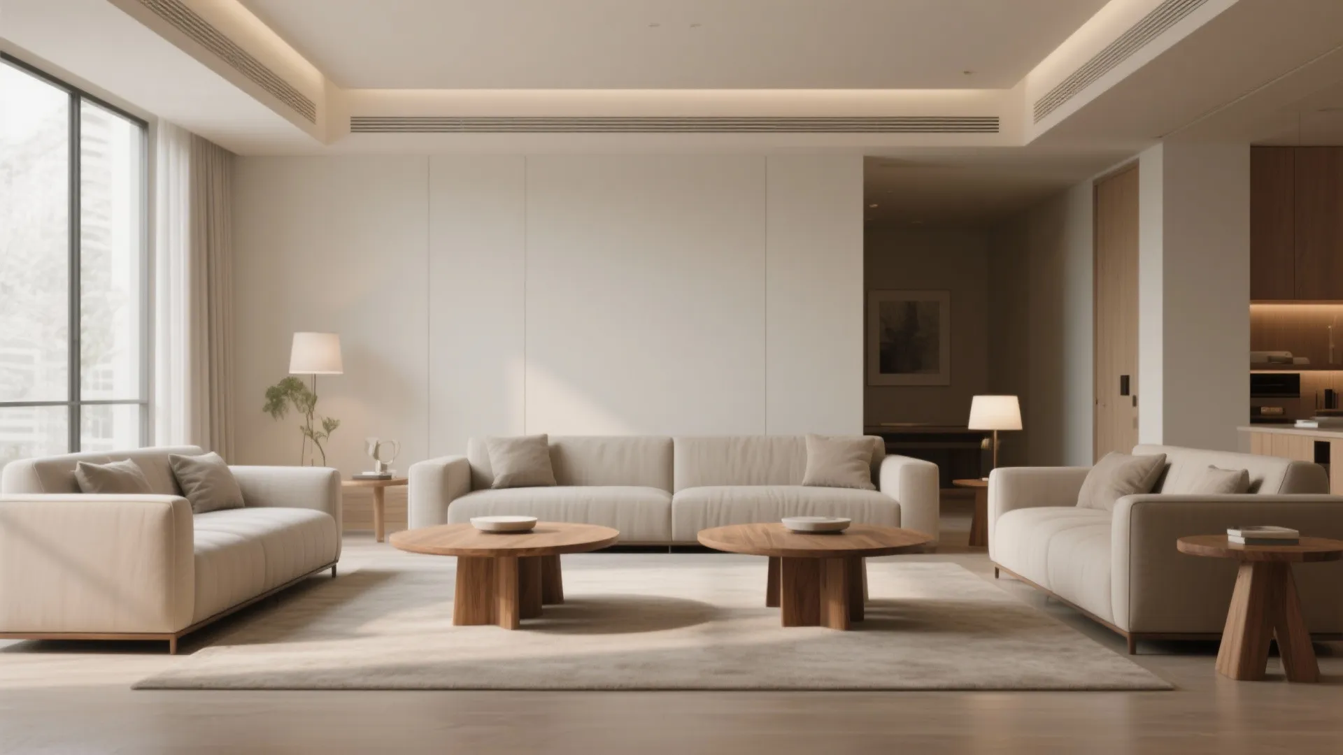 Modern minimal living room featuring cream sofas two round wooden coffee tables and warm lighting
